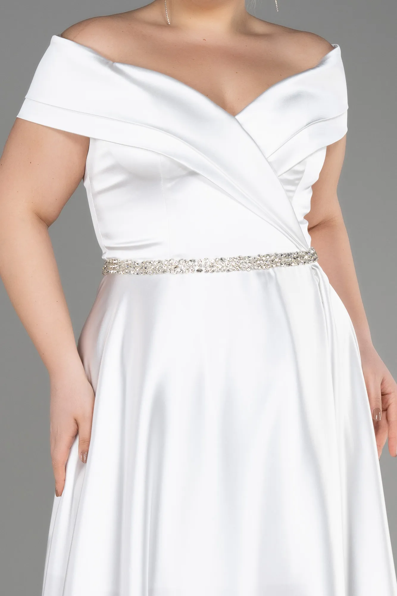 Ecru-Long Satin Plus Size Wedding Dress ABU3801