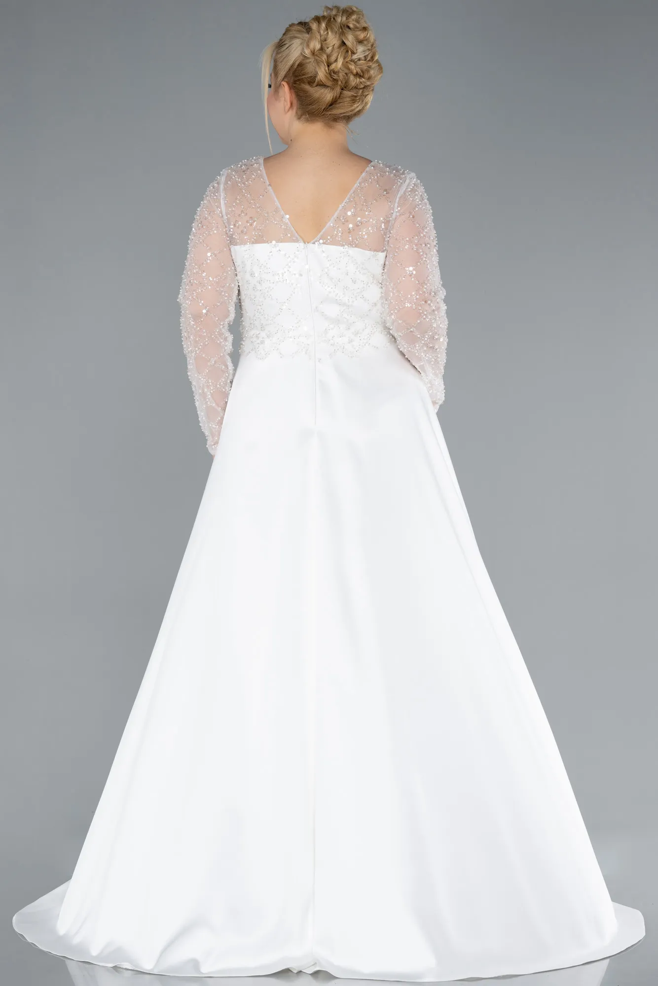 Ecru-Long Satin Plus Size Wedding Dress ABU4639