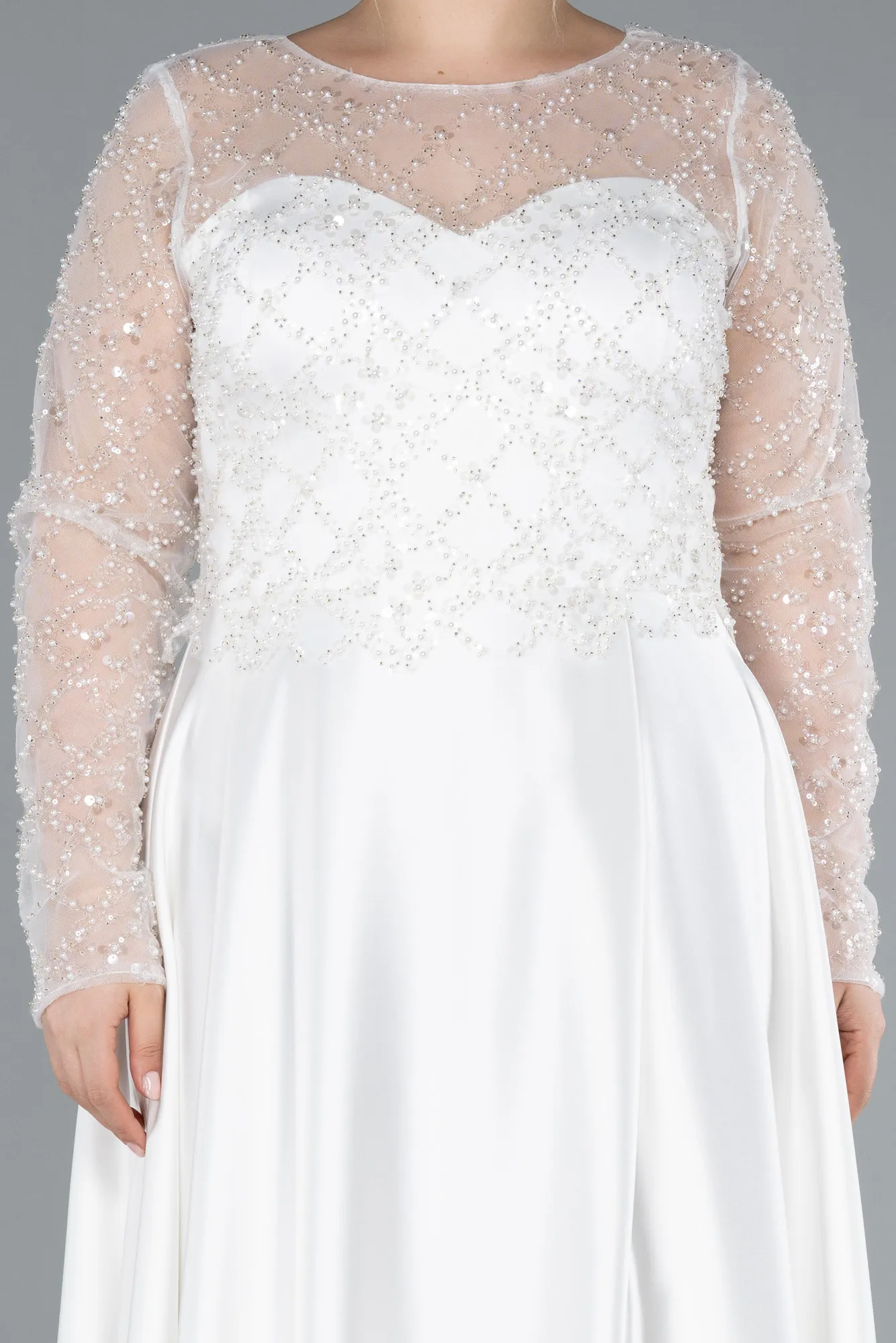 Ecru-Long Satin Plus Size Wedding Dress ABU4639