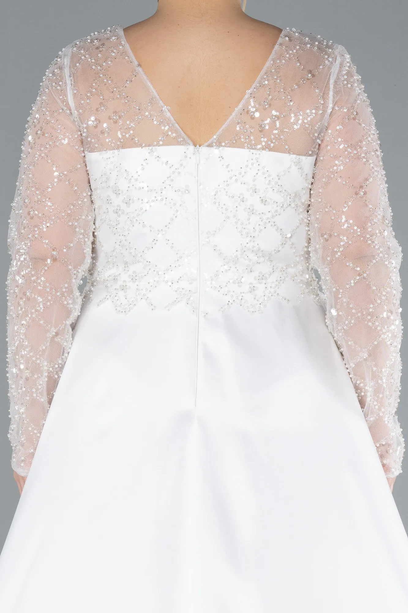 Ecru-Long Satin Plus Size Wedding Dress ABU4639