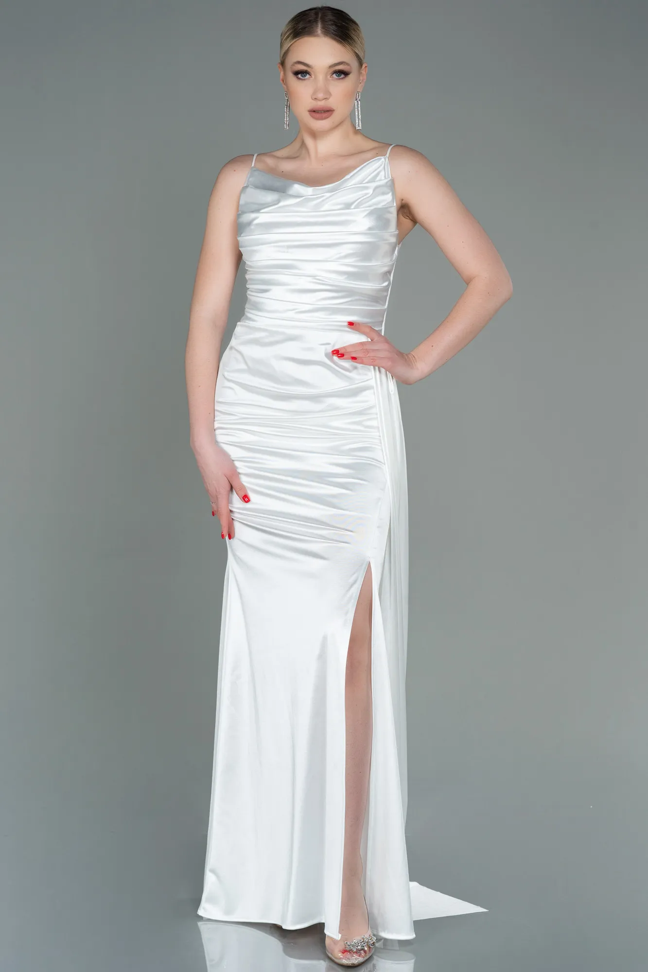 Ecru-Long Satin Prom Gown ABU2539
