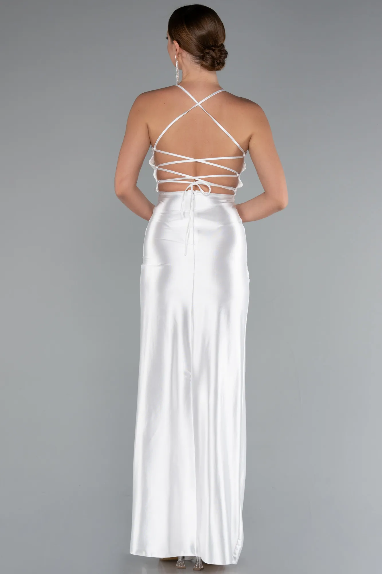 Ecru-Long Satin Prom Gown ABU2800