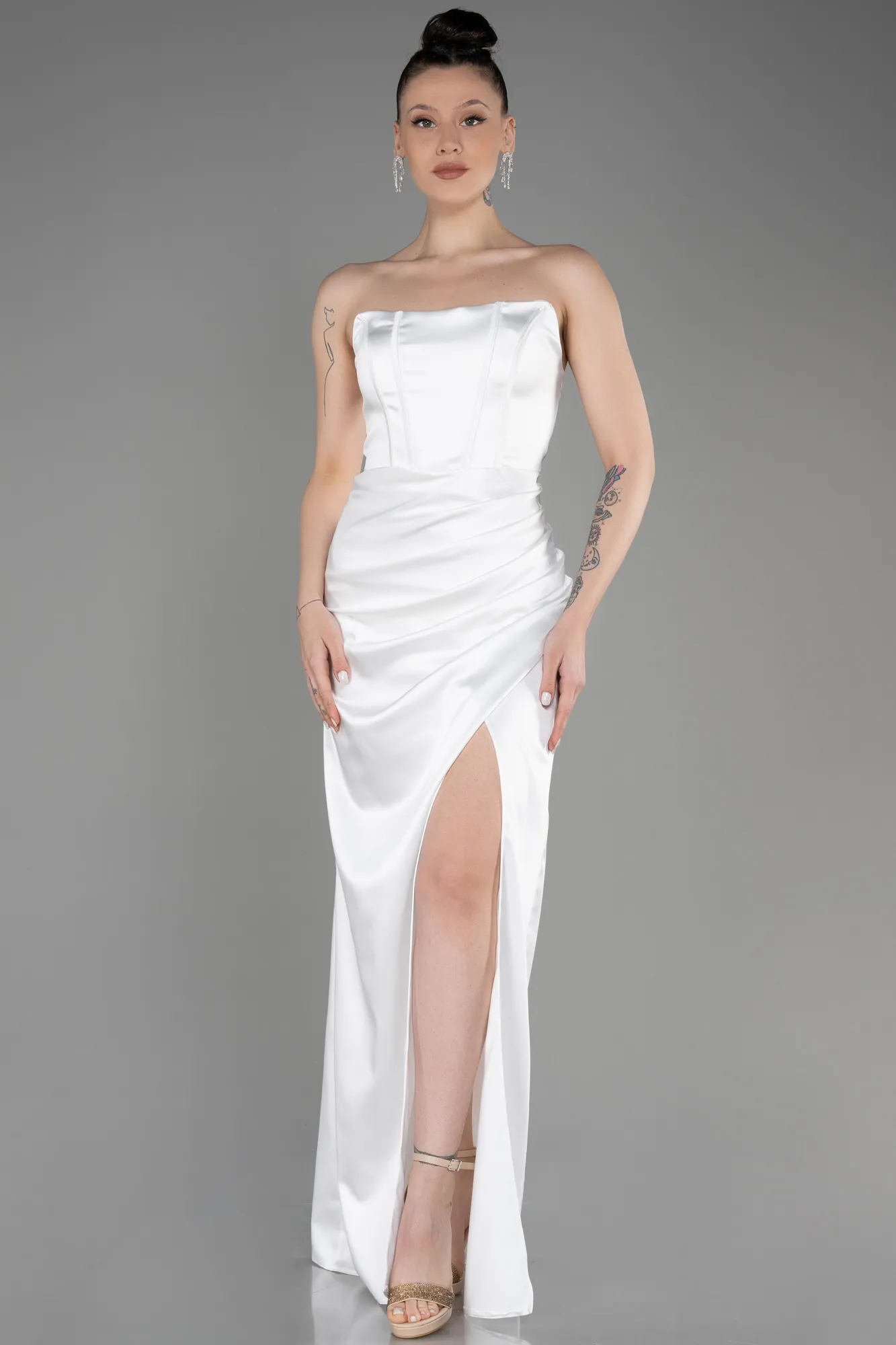 Ecru-Long Satin Prom Gown ABU3765