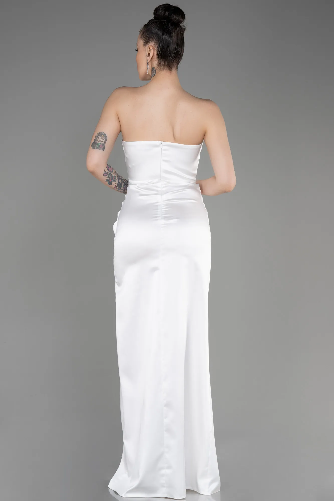 Ecru-Long Satin Prom Gown ABU3765