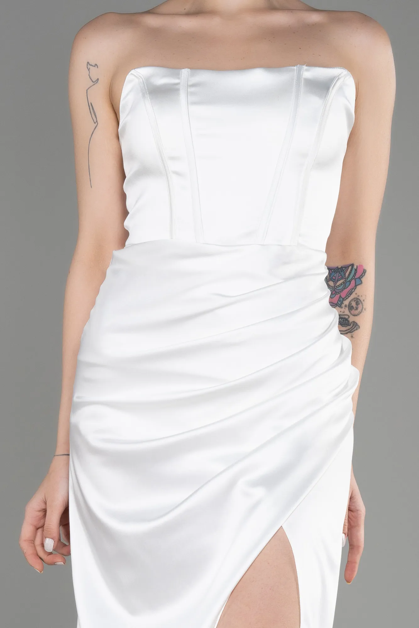 Ecru-Long Satin Prom Gown ABU3765