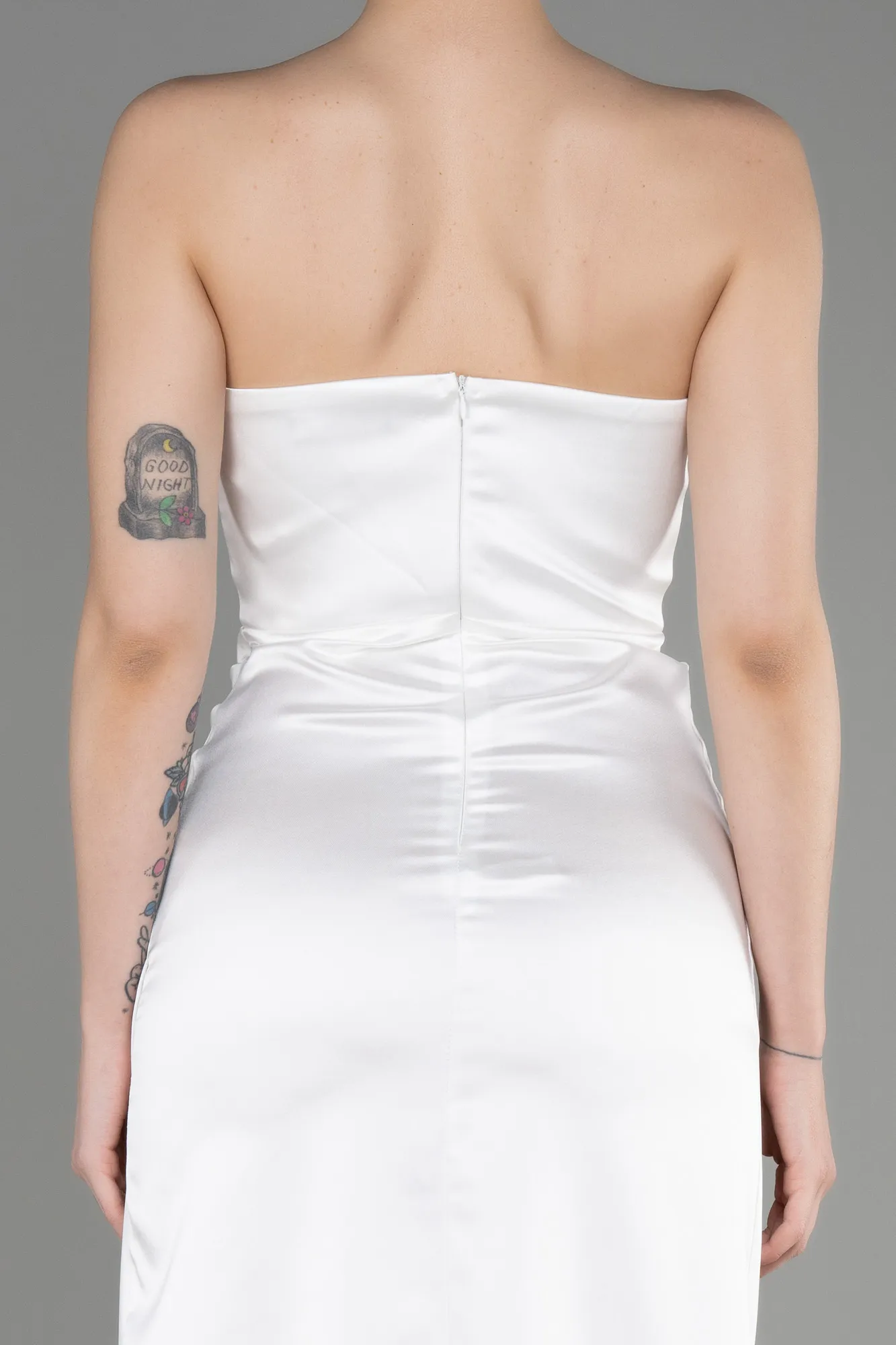 Ecru-Long Satin Prom Gown ABU3765