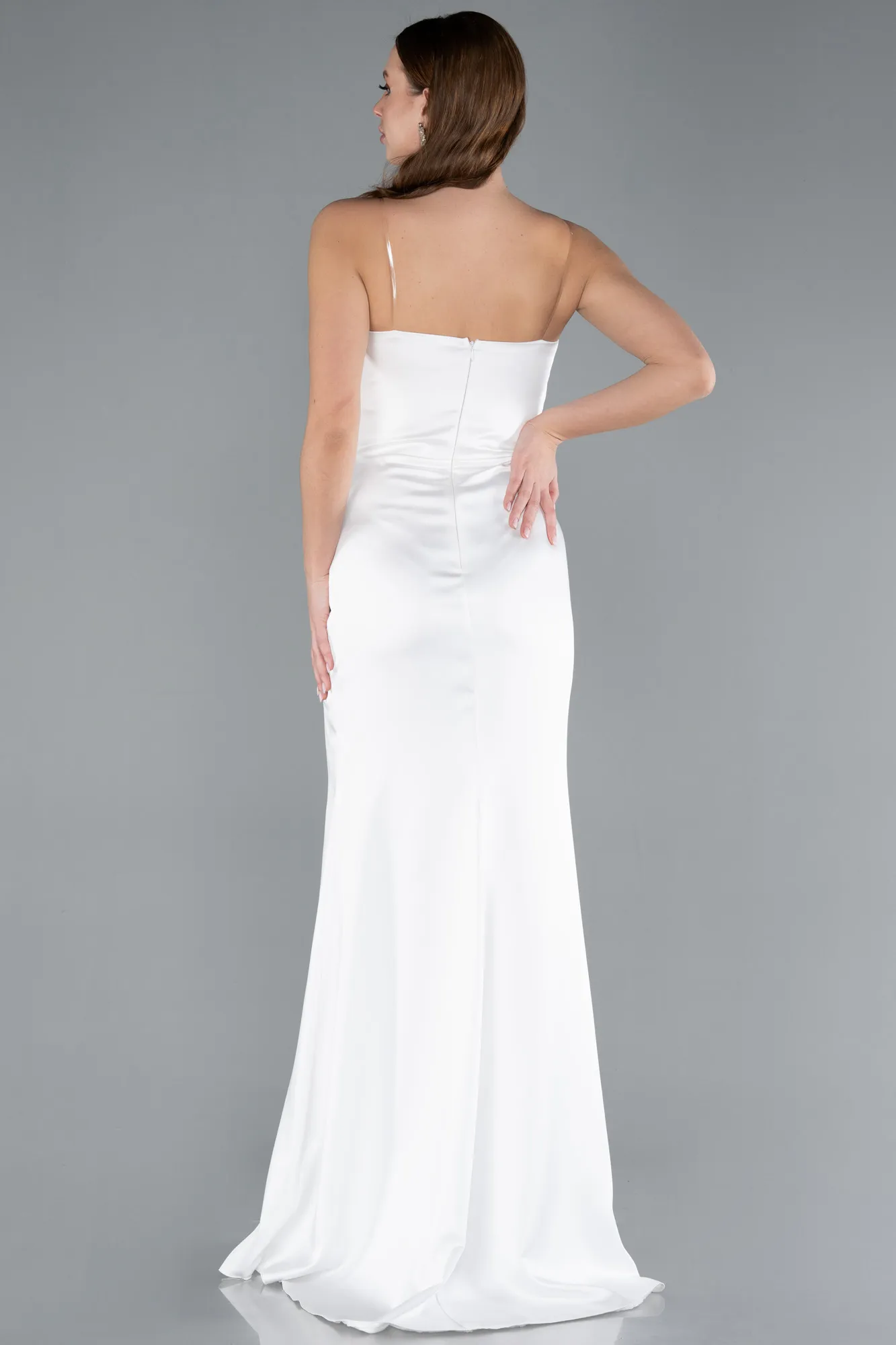 Ecru-Long Satin Prom Gown ABU4663