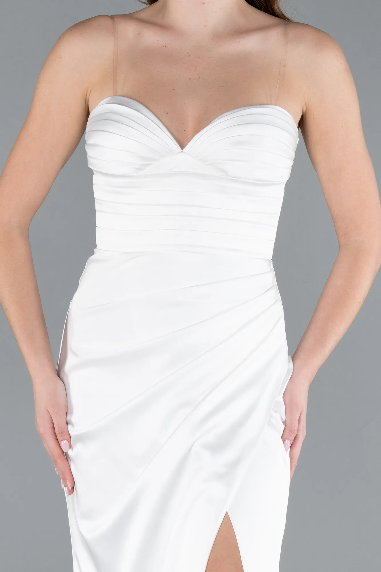 Ecru-Long Satin Prom Gown ABU4663