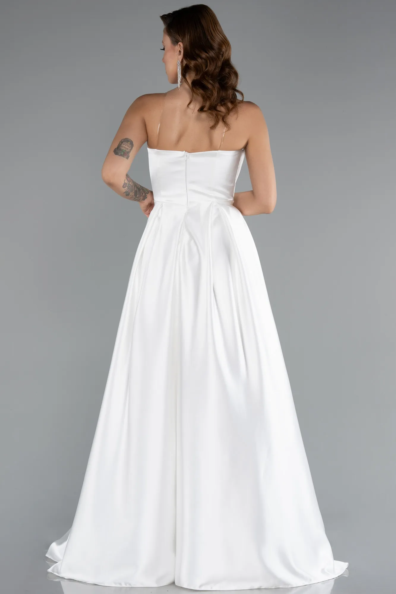 Ecru-Long Satin Prom Gown ABU5105