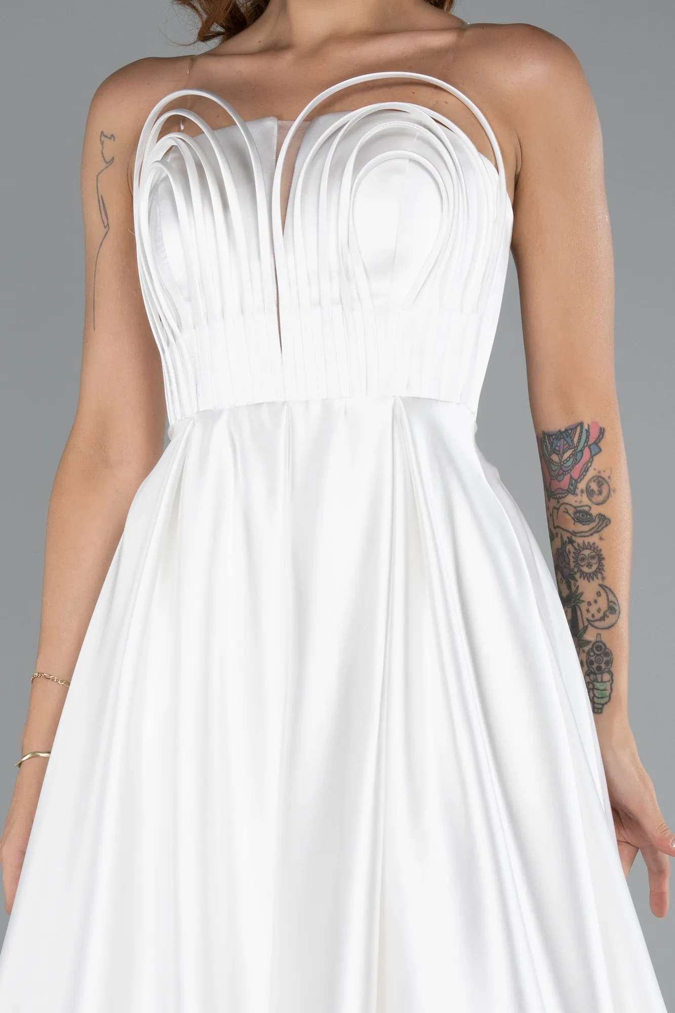 Ecru-Long Satin Prom Gown ABU5105