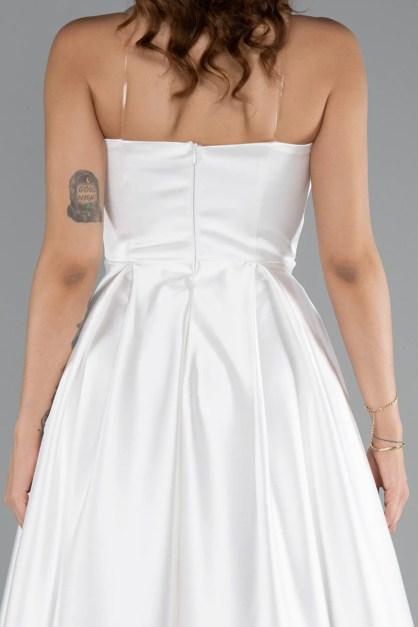 Ecru-Long Satin Prom Gown ABU5105