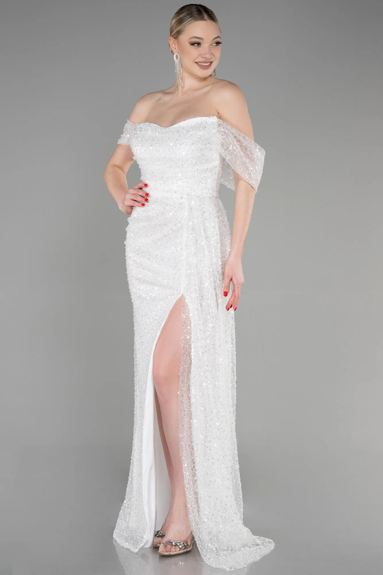 Ecru-Long Scaly Evening Dress ABU3577