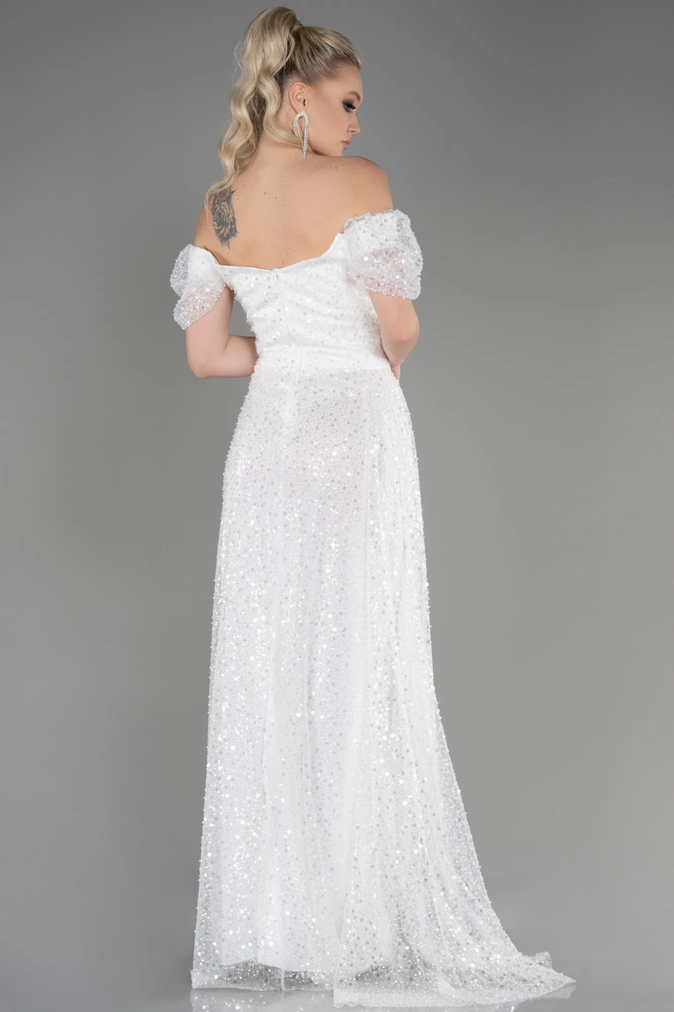 Ecru-Long Scaly Evening Dress ABU3749