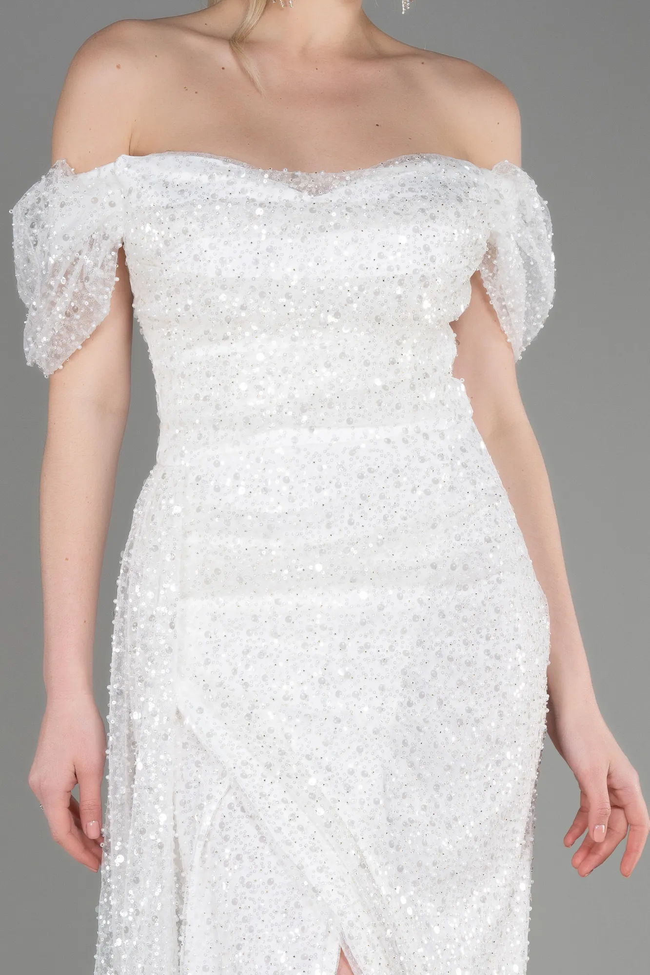 Ecru-Long Scaly Evening Dress ABU3749