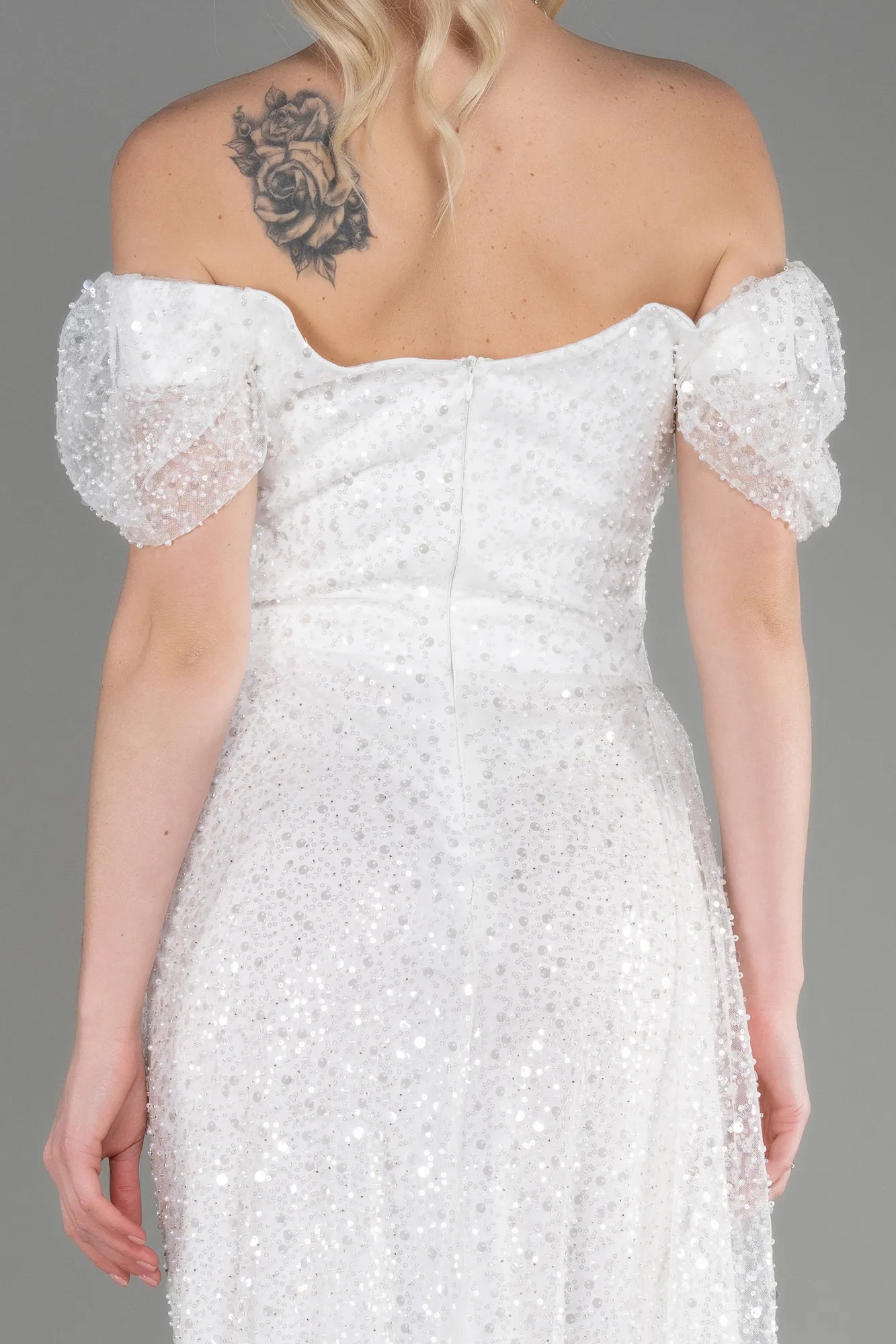 Ecru-Long Scaly Evening Dress ABU3749