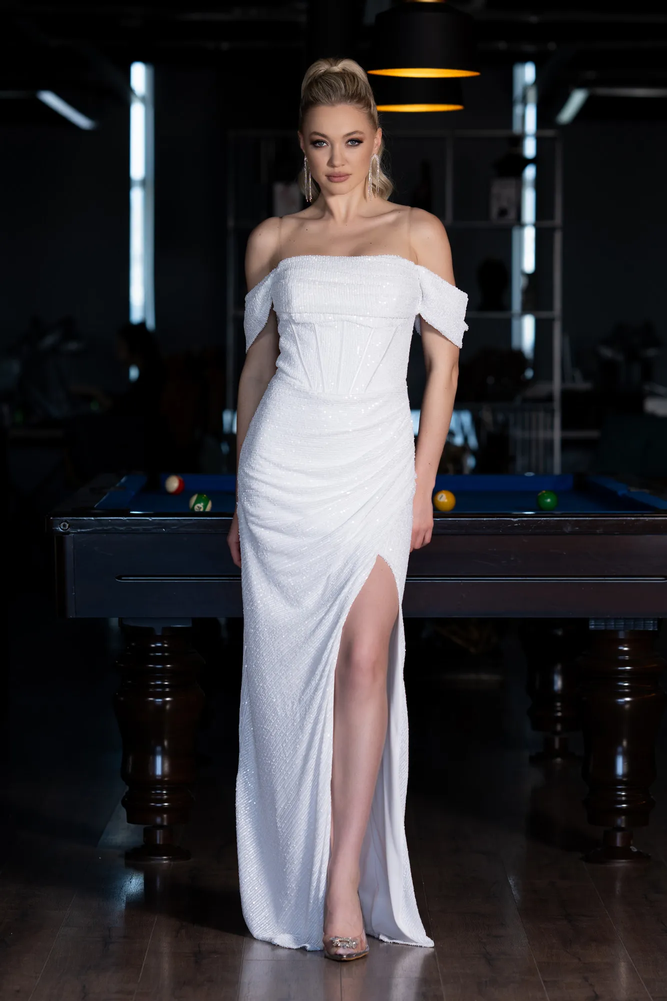 Ecru-Long Scaly Evening Dress ABU3766