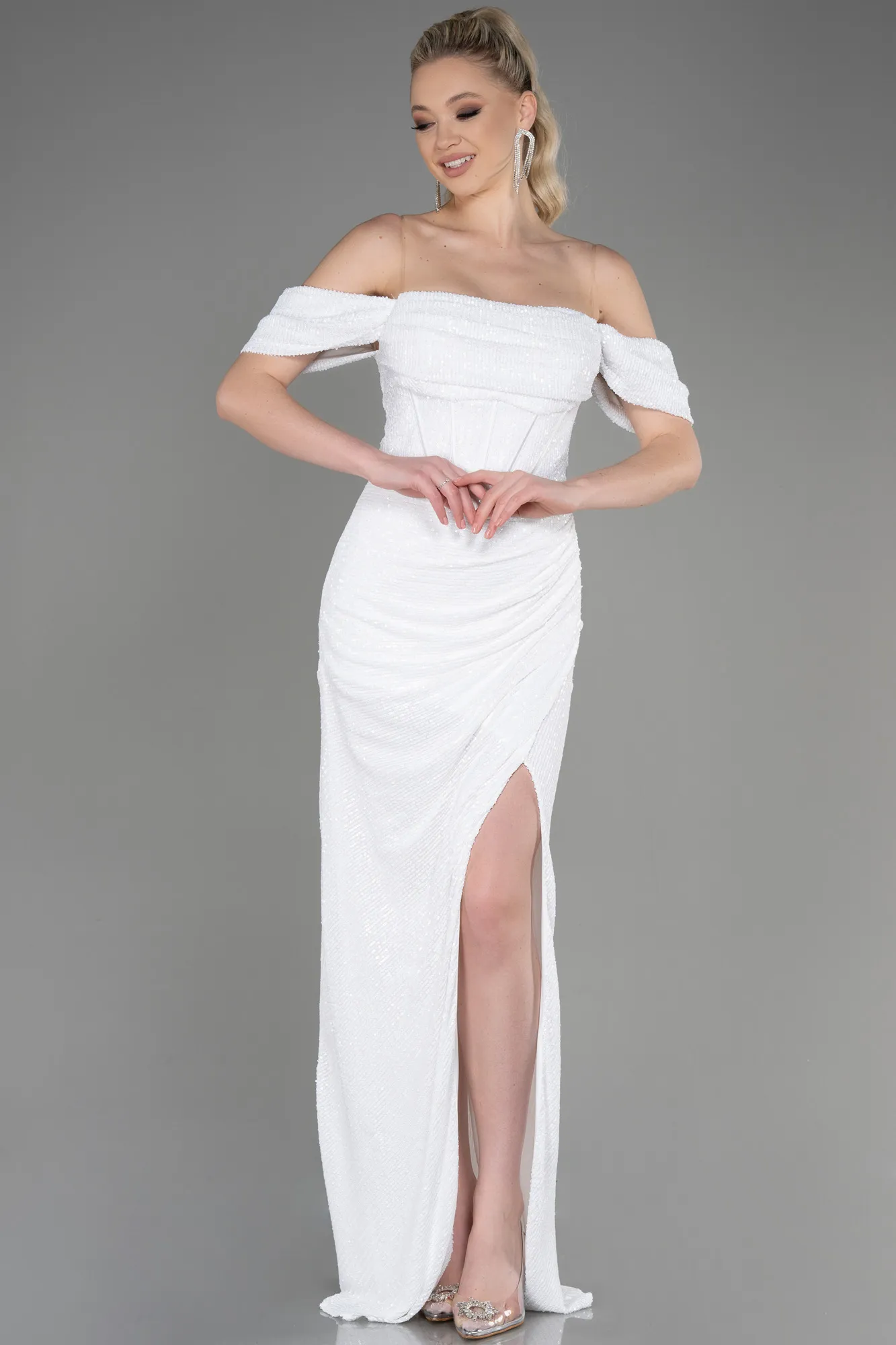 Ecru-Long Scaly Evening Dress ABU3766