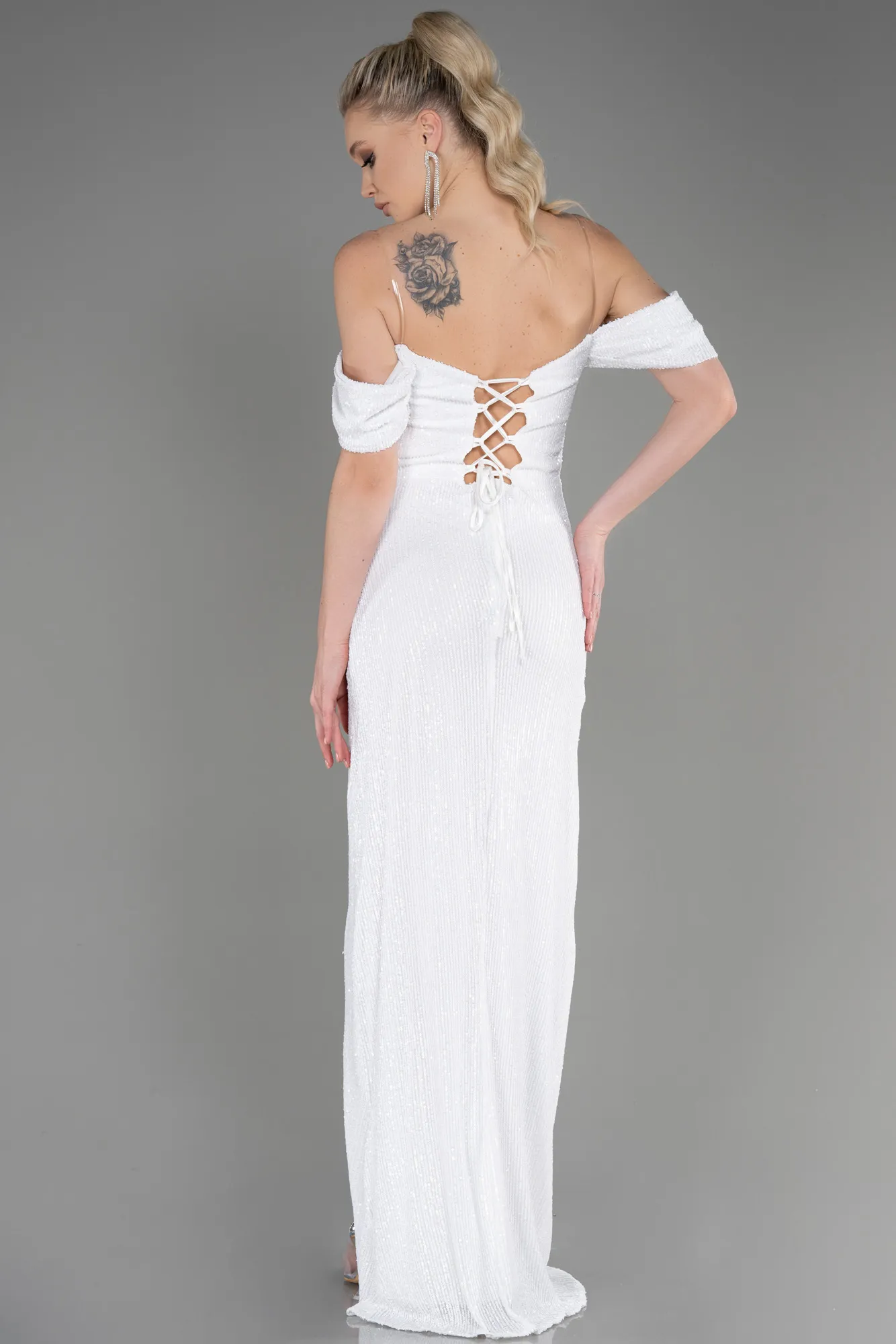 Ecru-Long Scaly Evening Dress ABU3766