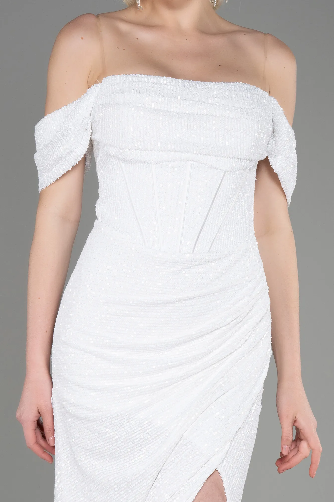 Ecru-Long Scaly Evening Dress ABU3766