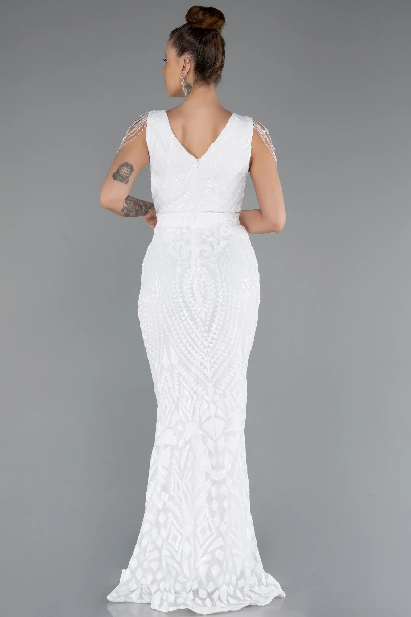 Ecru-Long Scaly Mermaid Evening Dress ABU3842