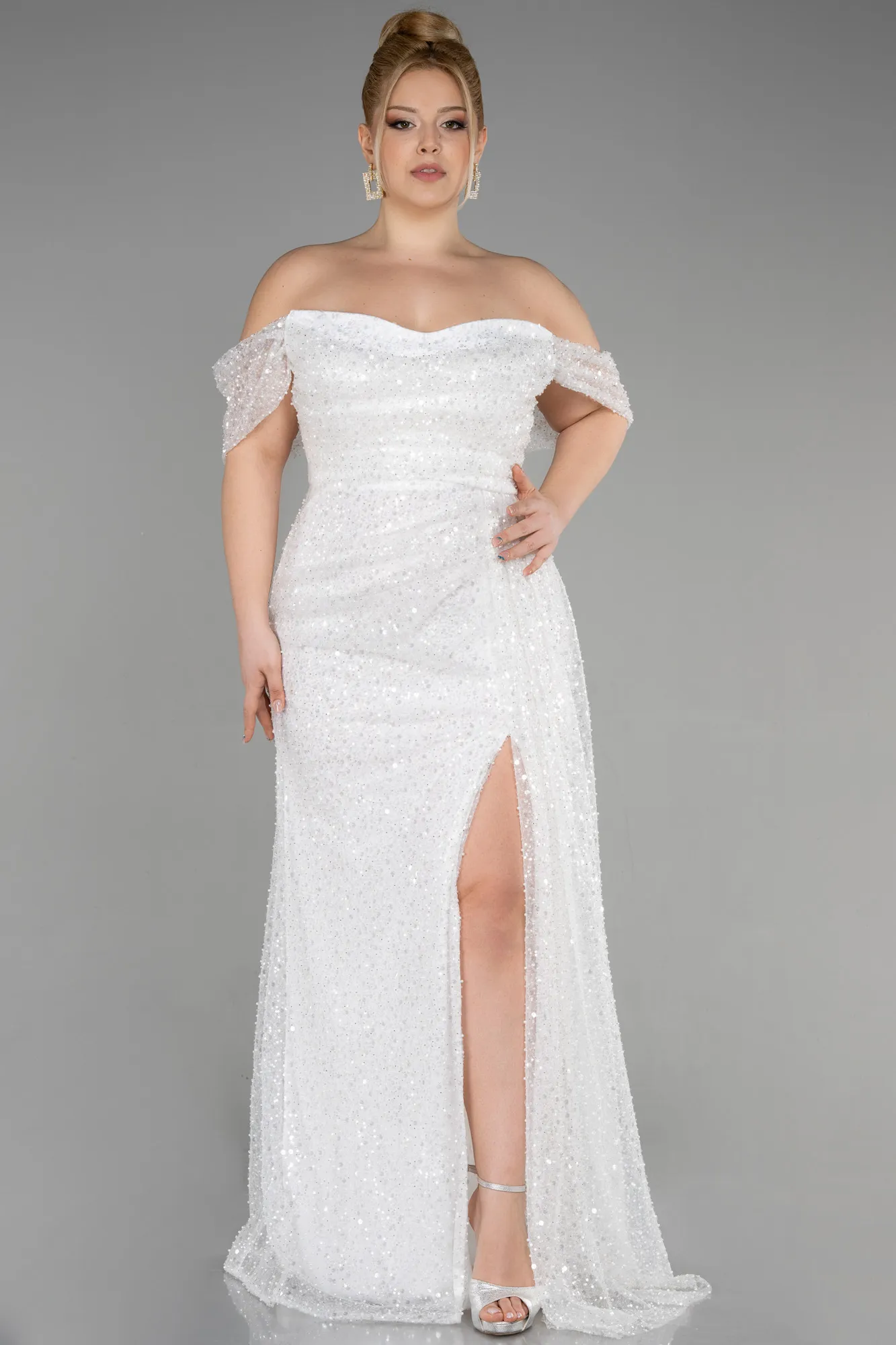Ecru-Long Scaly Plus Size Engagement Dress ABU3579