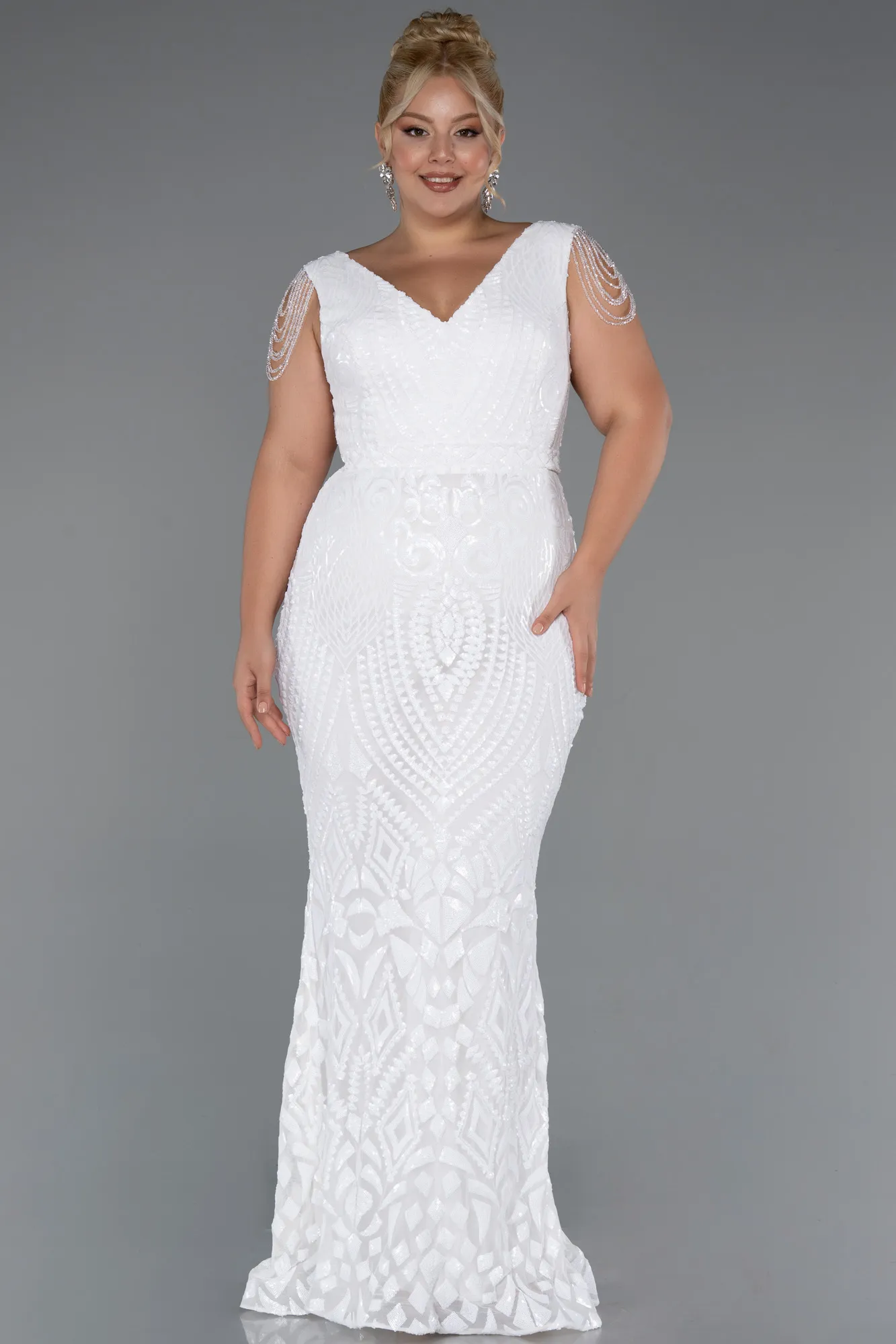 Ecru-Long Scaly Plus Size Evening Dress ABU3845