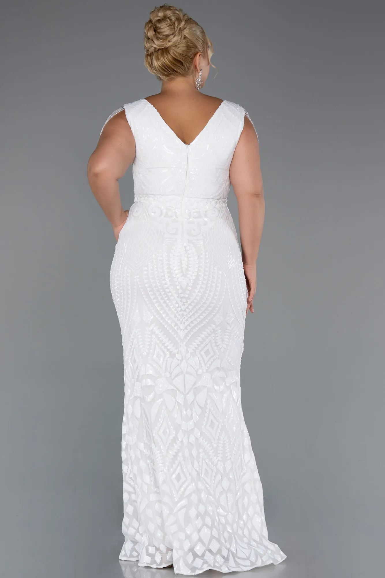 Ecru-Long Scaly Plus Size Evening Dress ABU3845