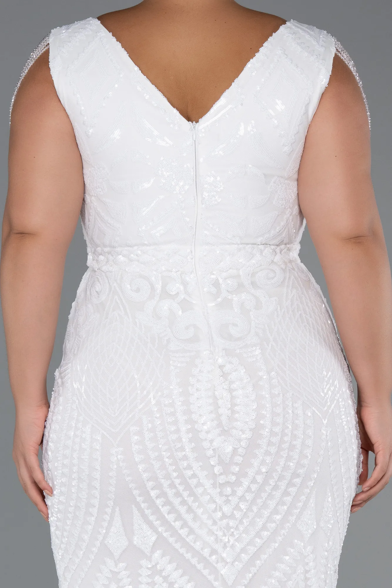 Ecru-Long Scaly Plus Size Evening Dress ABU3845