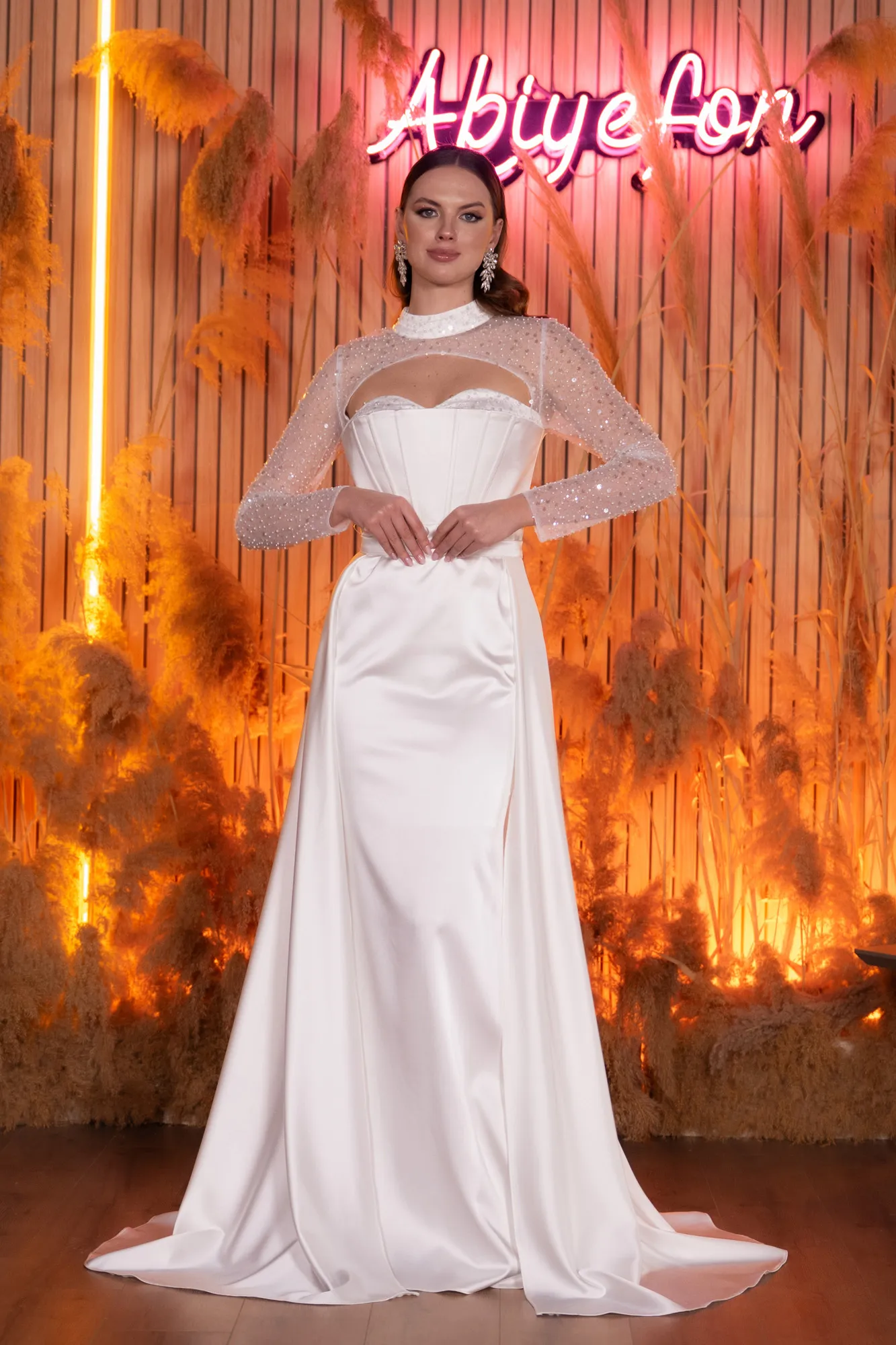 Ecru-Long Sleeve Bustier Detailed Sequin Train Satin Evening Gown ABU4765