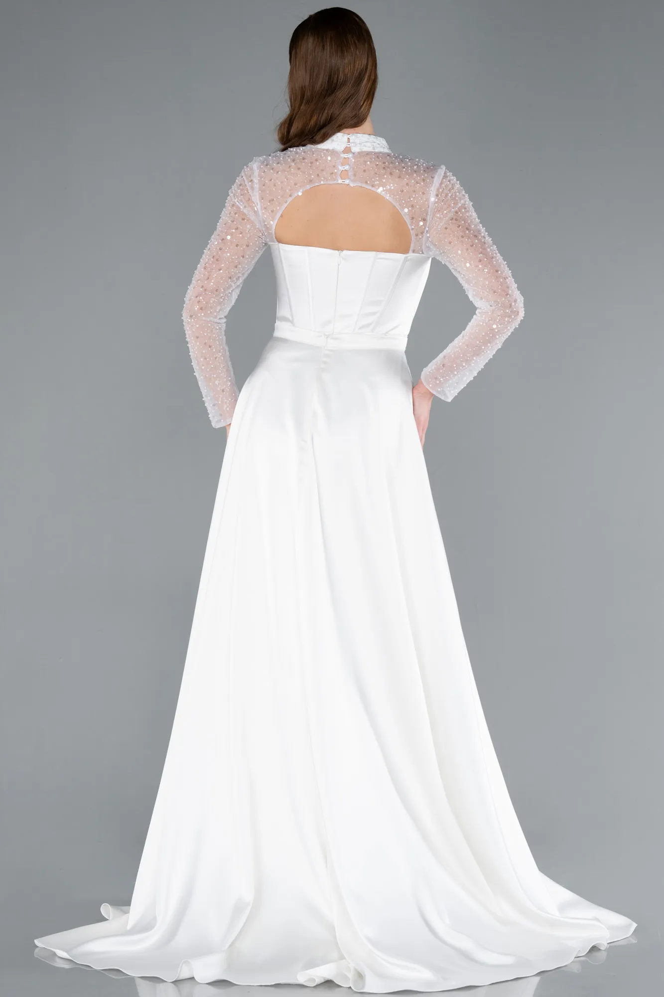 Ecru-Long Sleeve Bustier Detailed Sequin Train Satin Evening Gown ABU4765