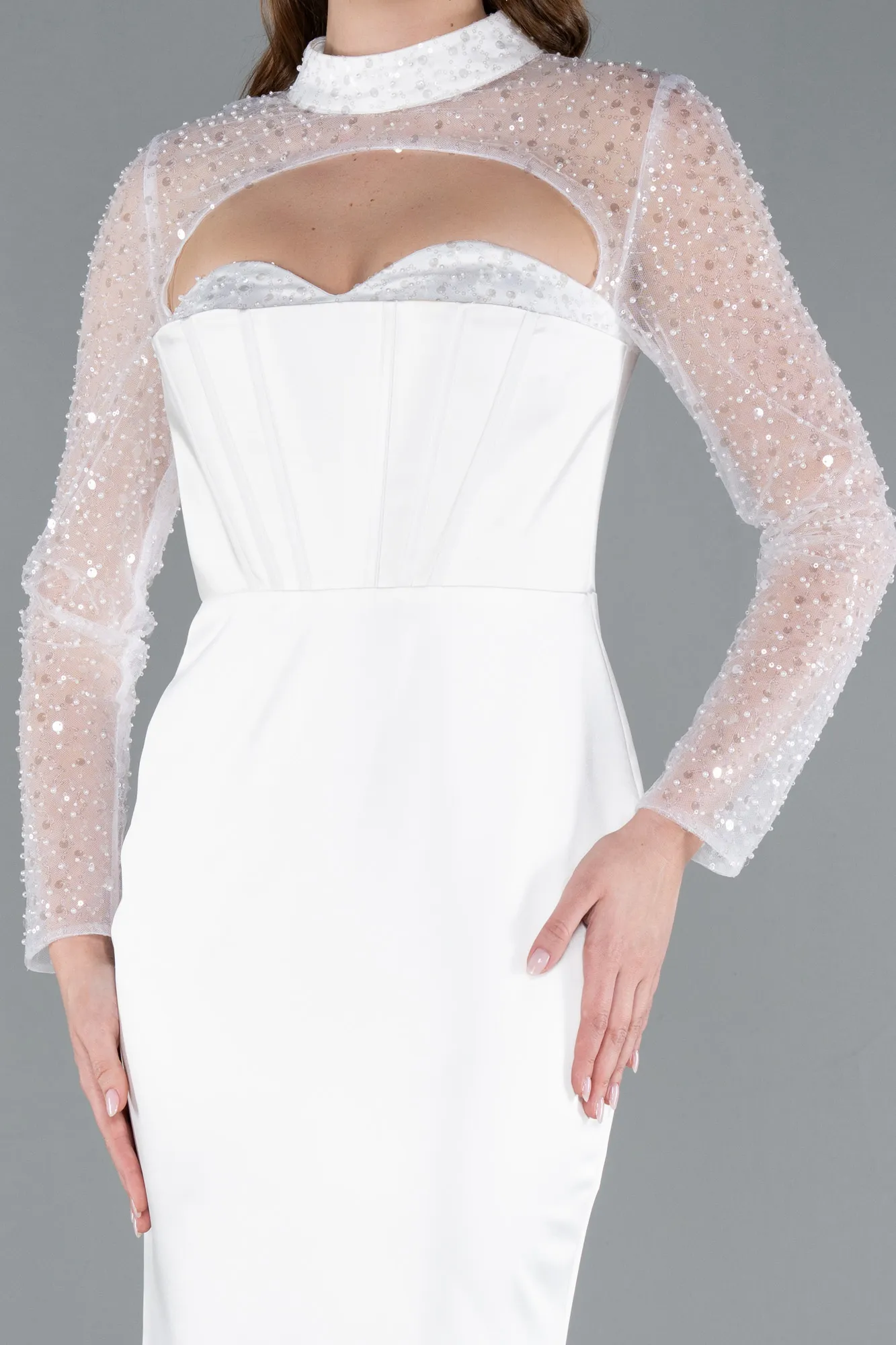 Ecru-Long Sleeve Bustier Detailed Sequin Train Satin Evening Gown ABU4765