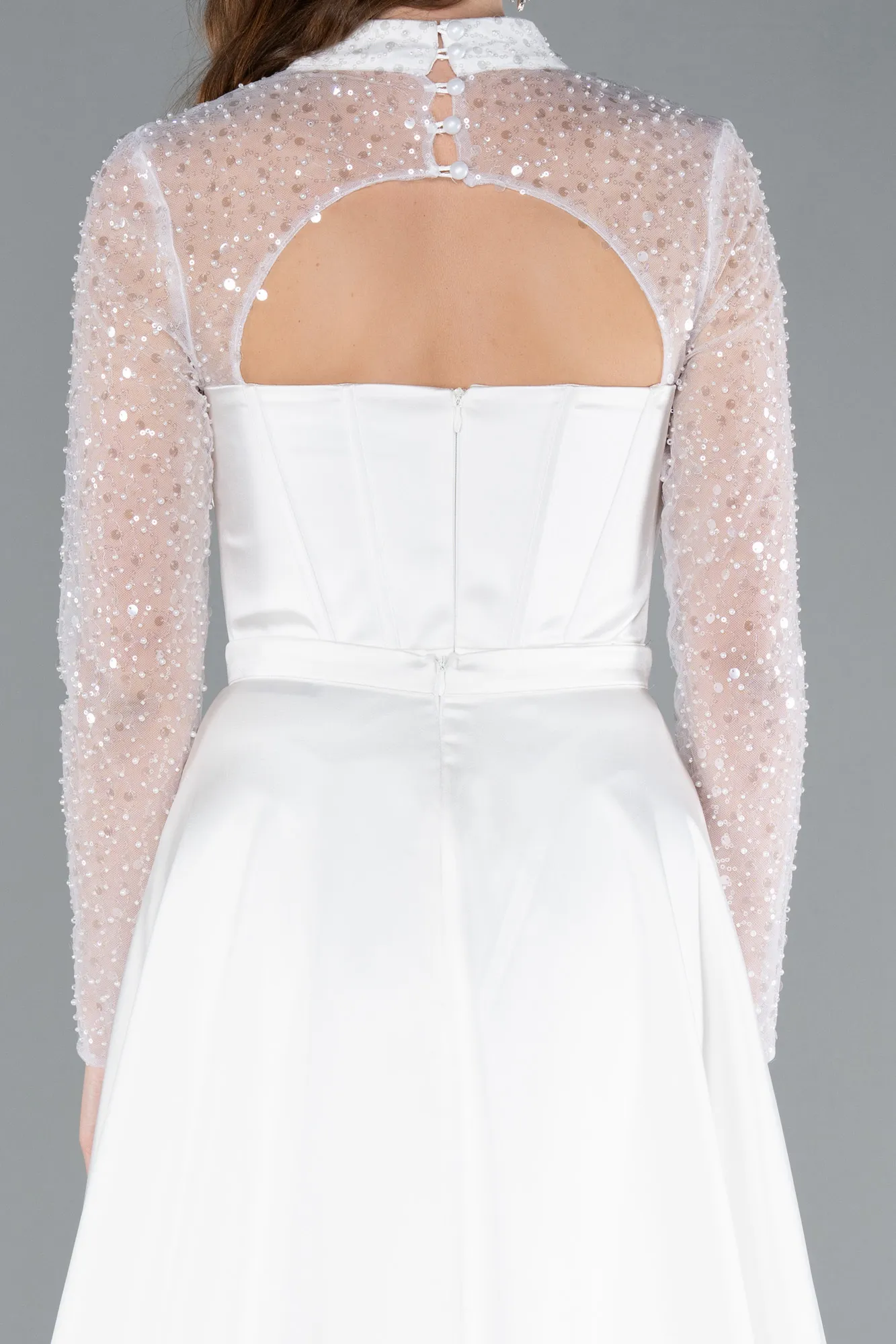 Ecru-Long Sleeve Bustier Detailed Sequin Train Satin Evening Gown ABU4765