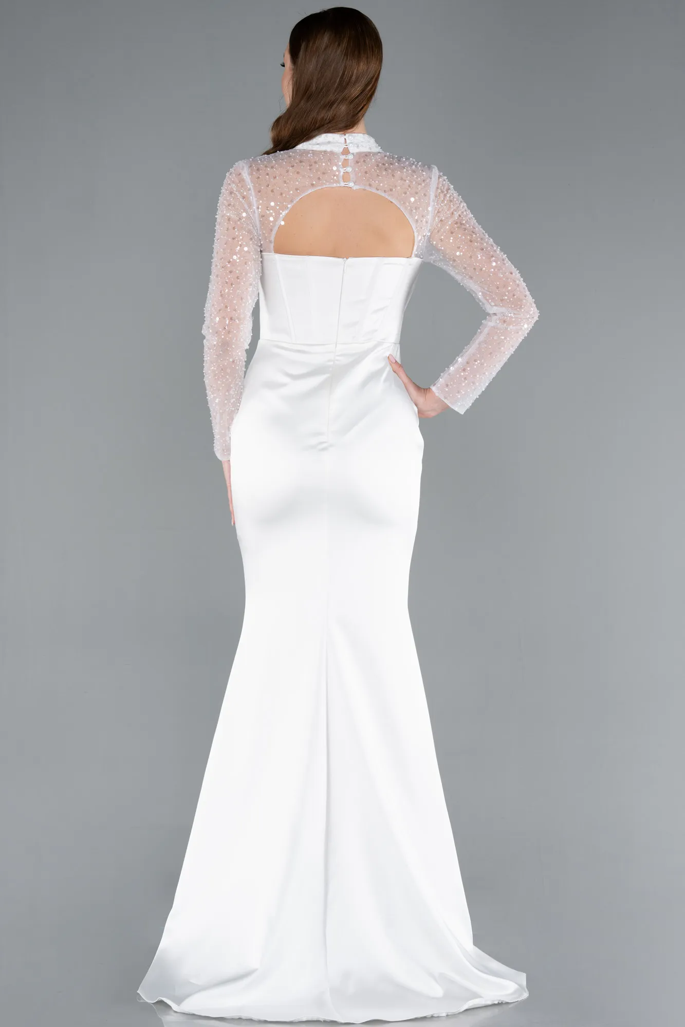 Ecru-Long Sleeve Bustier Detailed Sequin Train Satin Evening Gown ABU4765