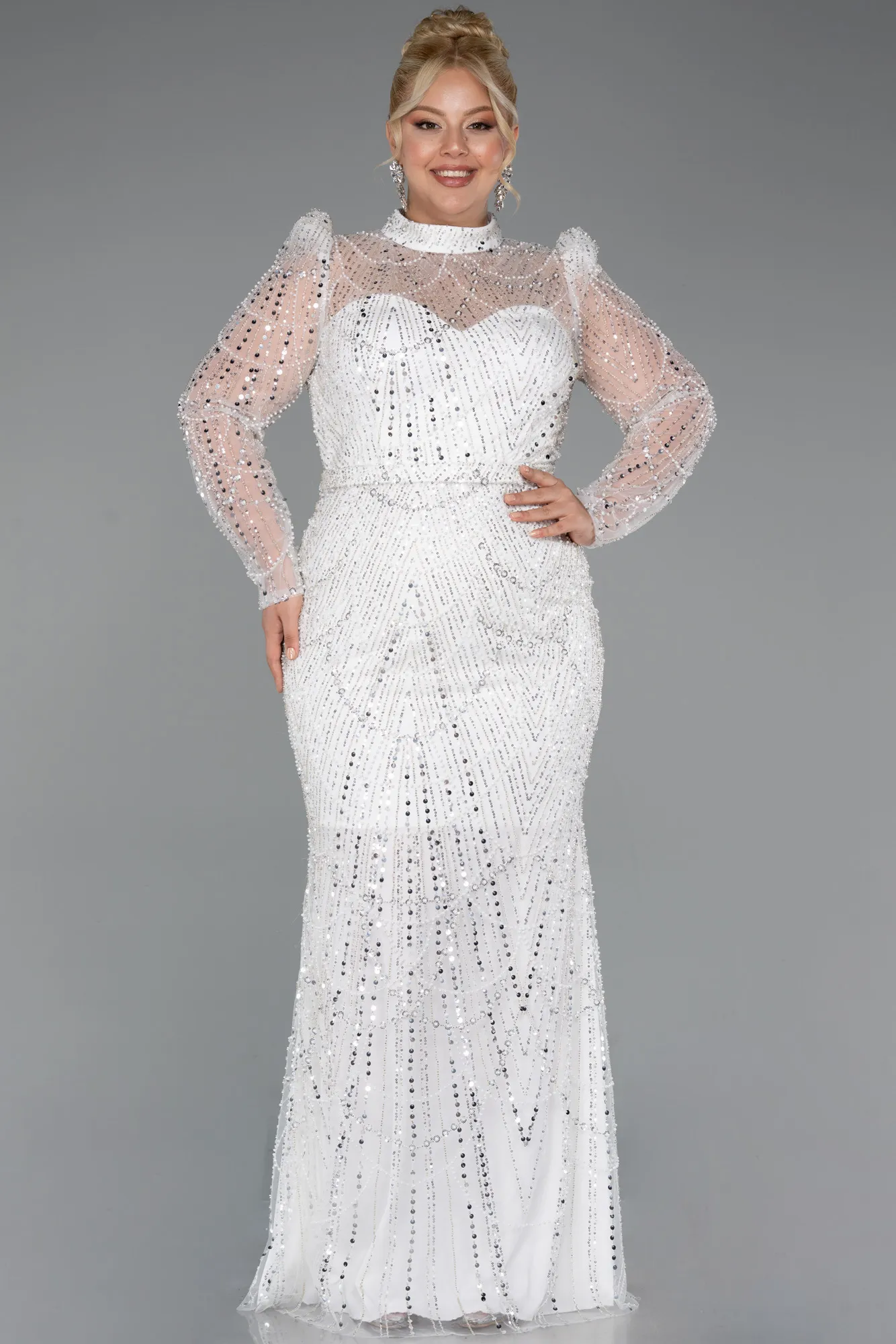 Ecru-Long Sleeve High Collar Stoned Plus Size Evening Gown ABU4527