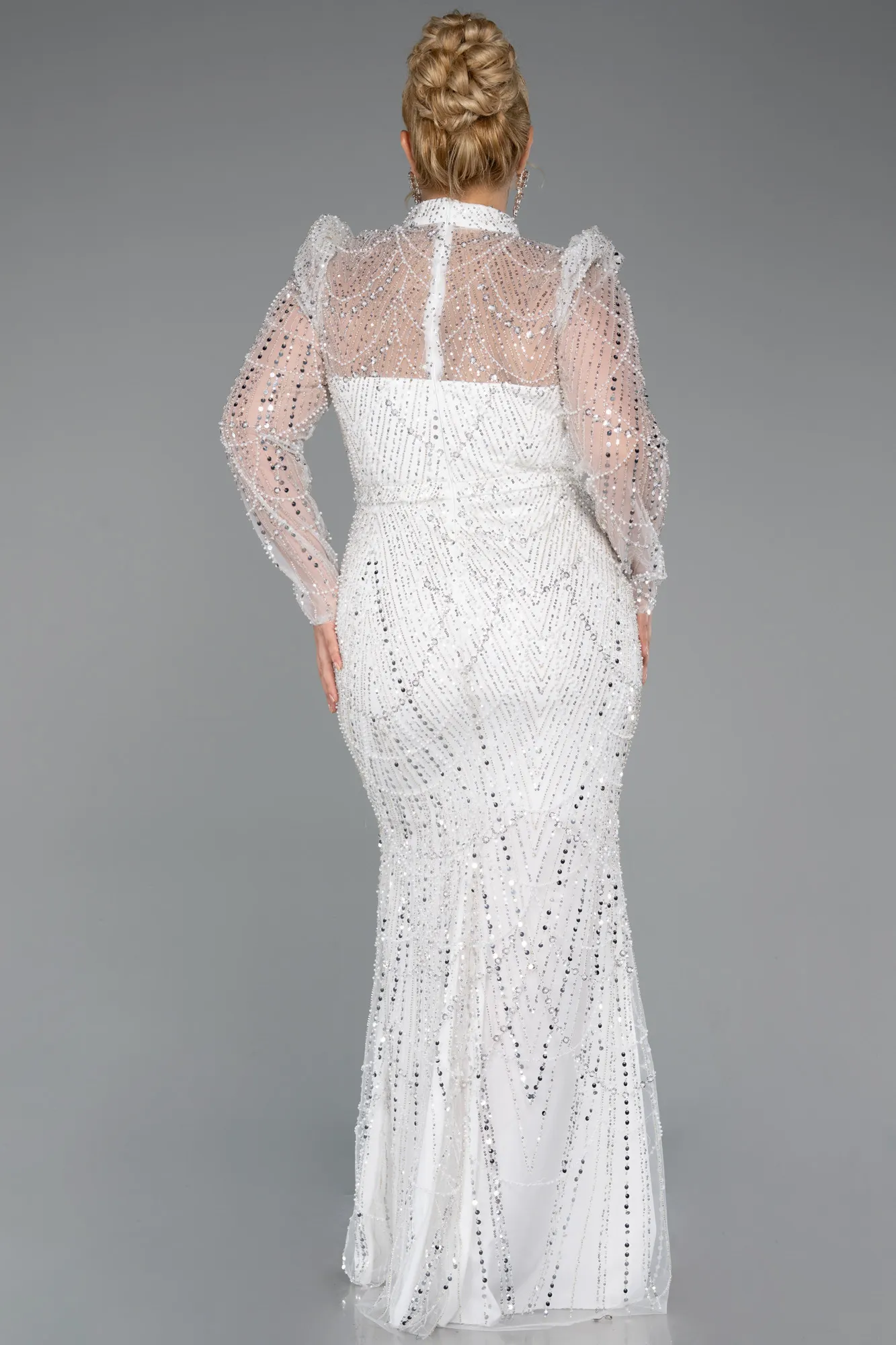 Ecru-Long Sleeve High Collar Stoned Plus Size Evening Gown ABU4527