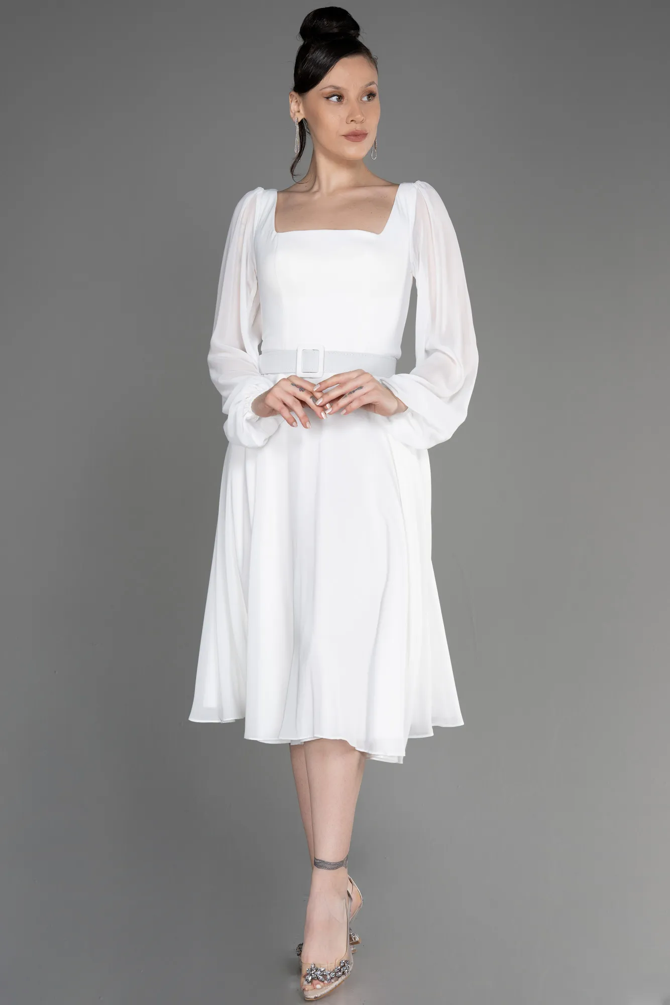 Ecru-Long Sleeve Midi Chiffon Cocktail Dress ABK2026
