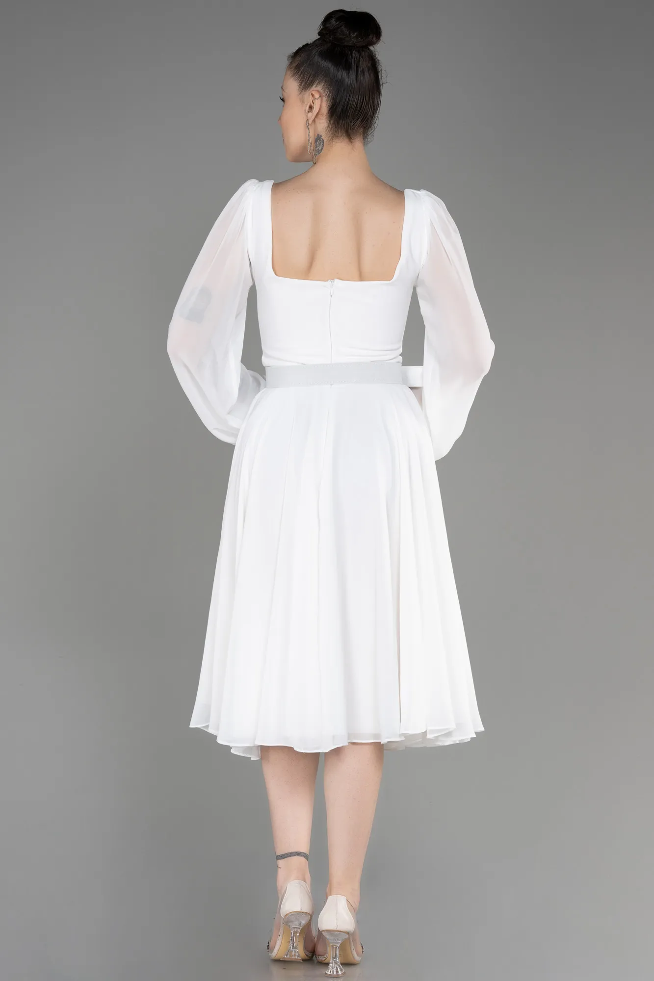 Ecru-Long Sleeve Midi Chiffon Cocktail Dress ABK2026