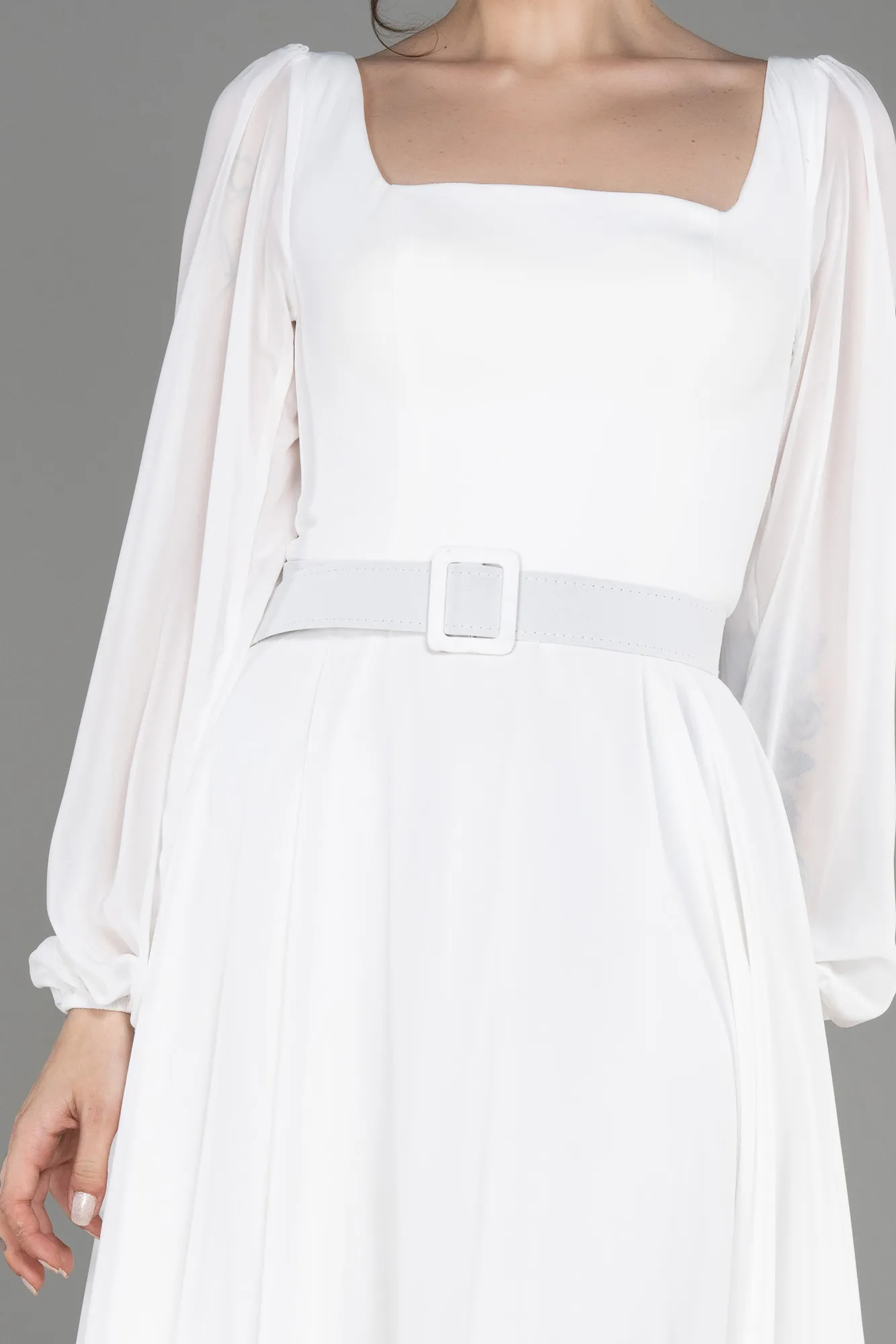 Ecru-Long Sleeve Midi Chiffon Cocktail Dress ABK2026