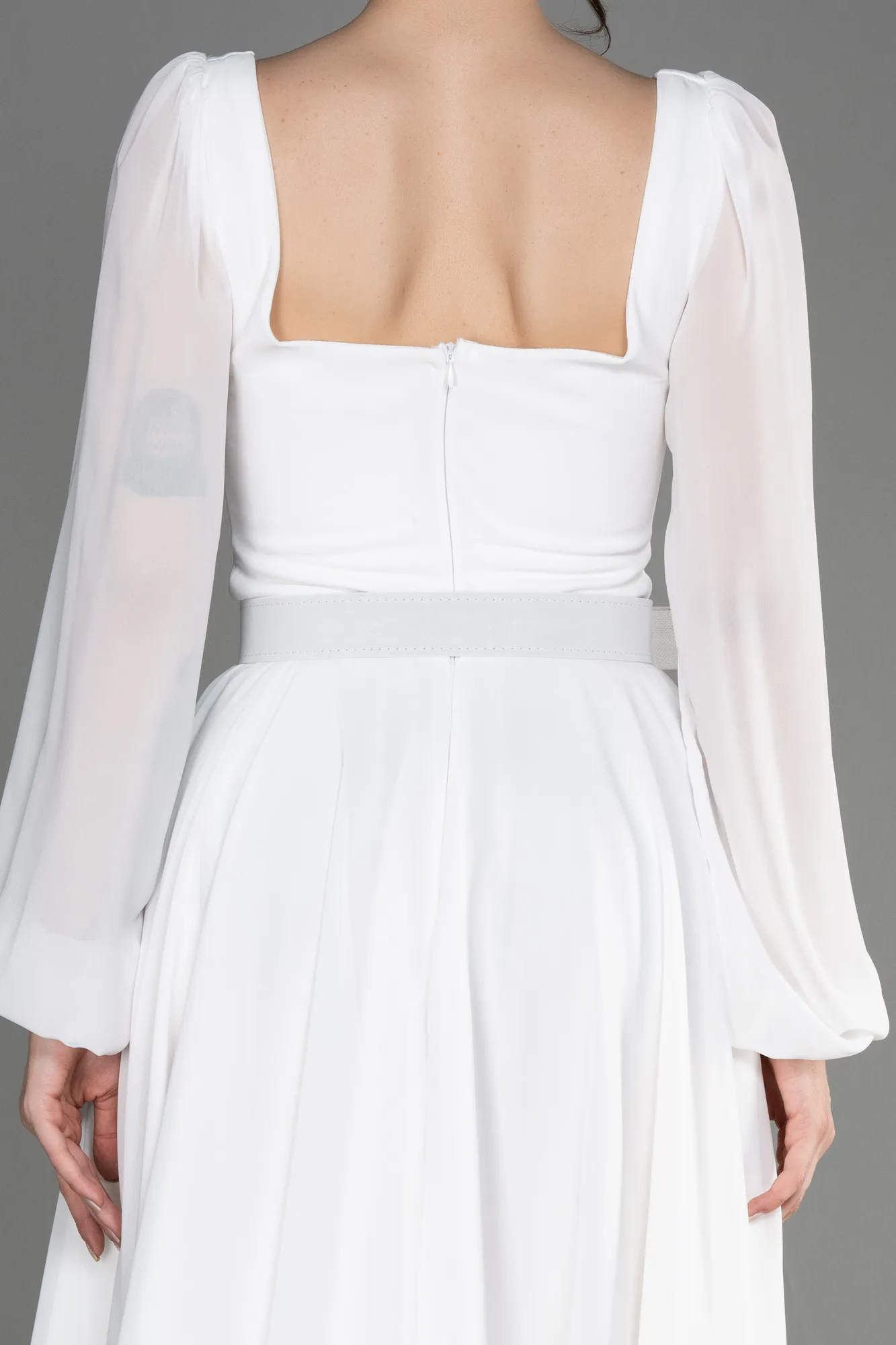 Ecru-Long Sleeve Midi Chiffon Cocktail Dress ABK2026