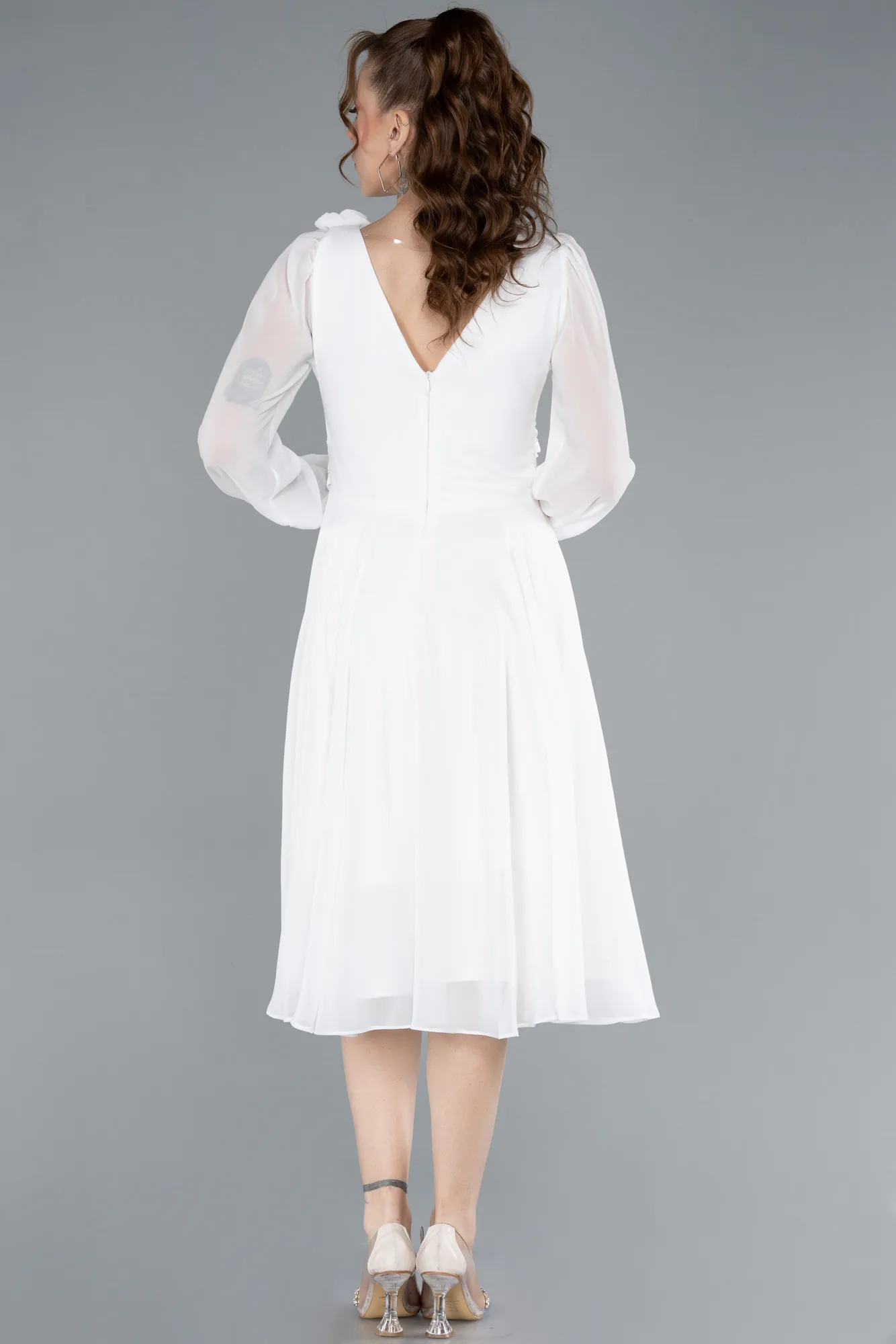 Ecru-Long Sleeve Midi Chiffon Cocktail Dress ABK2268