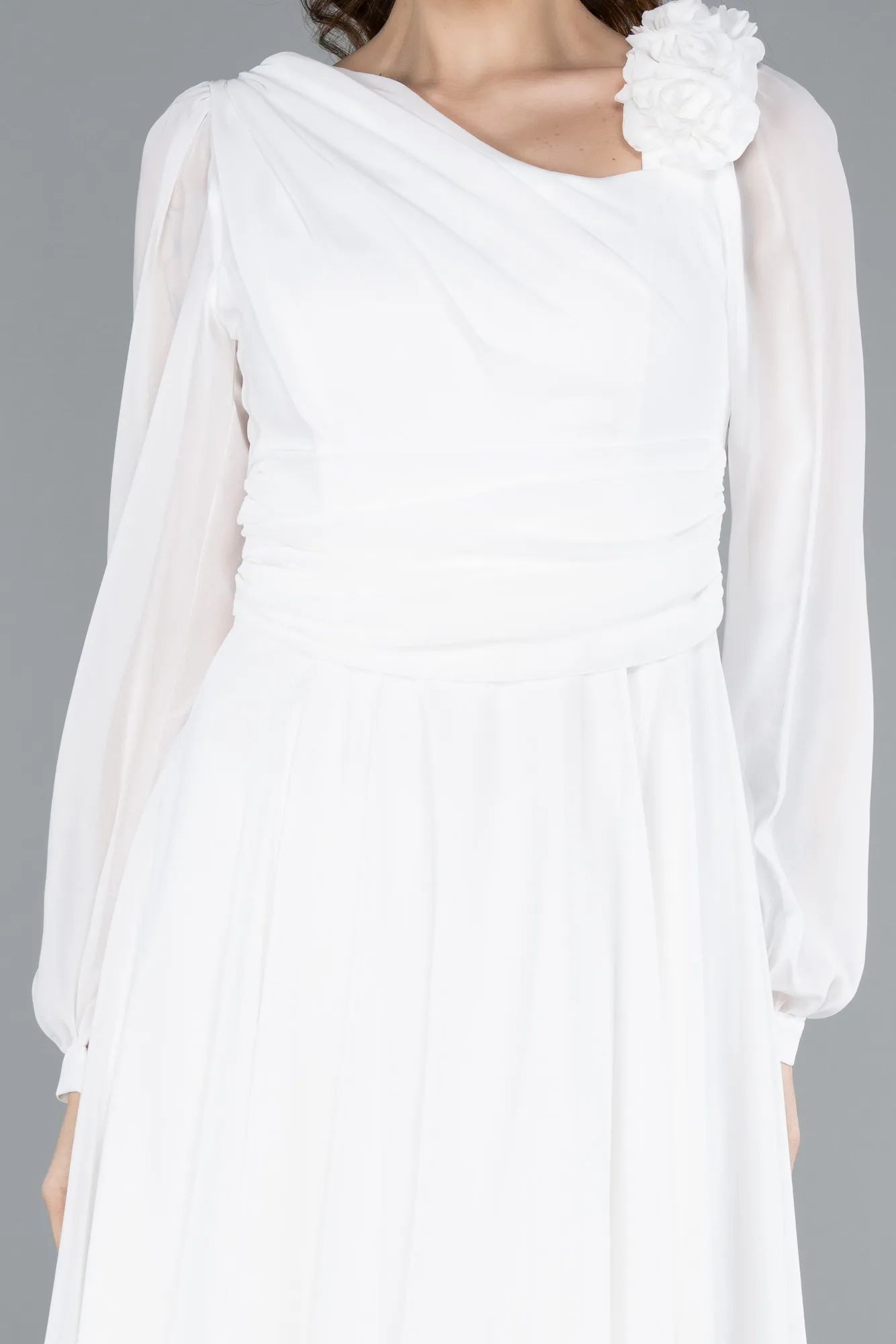 Ecru-Long Sleeve Midi Chiffon Cocktail Dress ABK2268