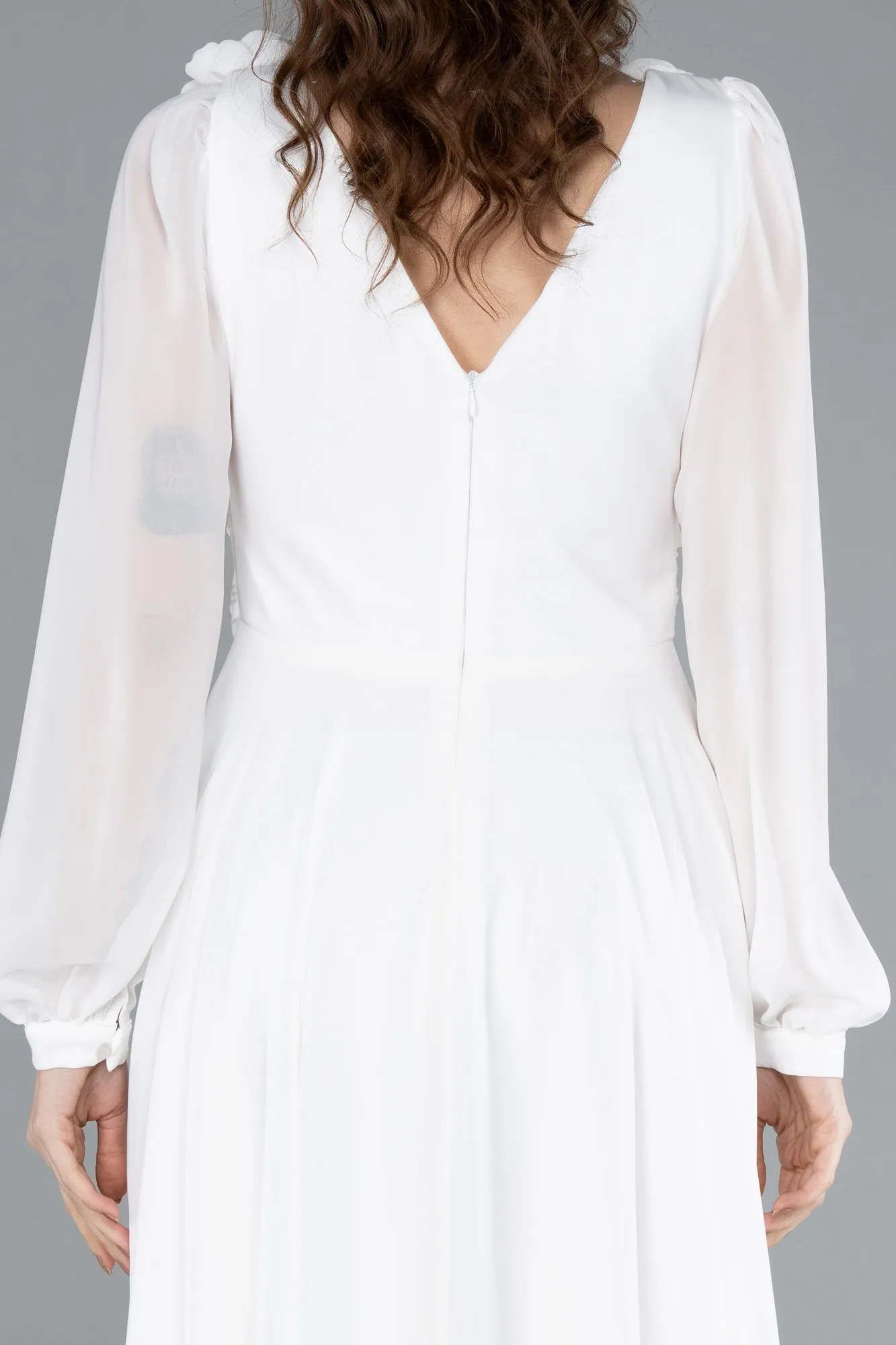 Ecru-Long Sleeve Midi Chiffon Cocktail Dress ABK2268