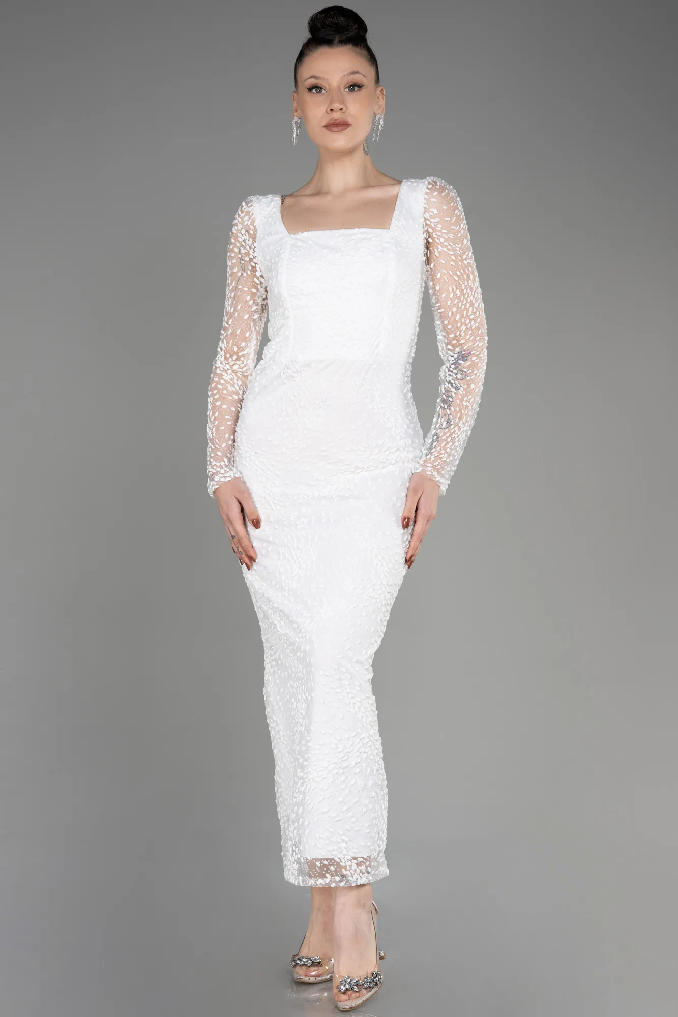 Ecru-Long Sleeve Midi Cocktail Dress ABK2025