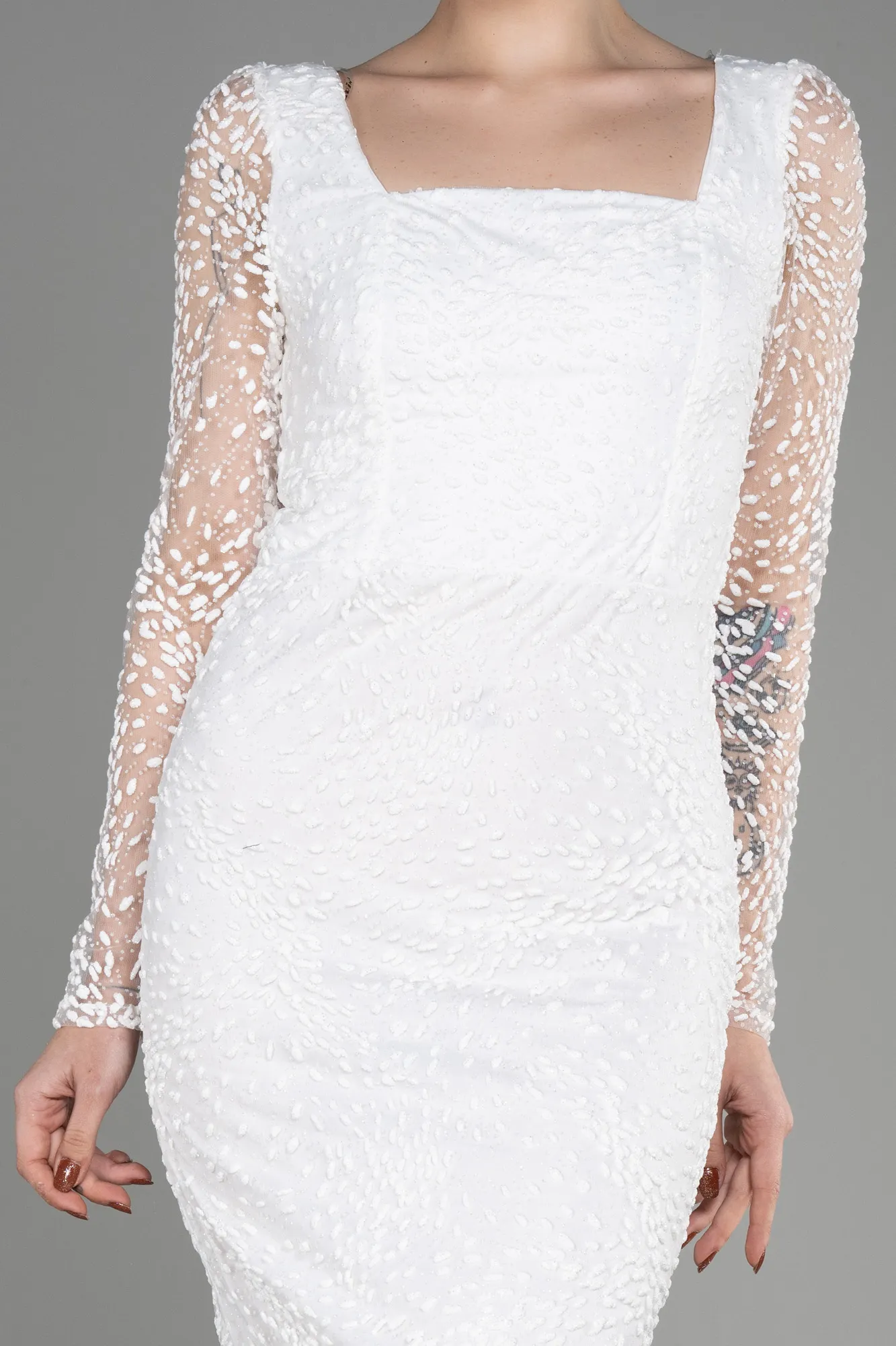 Ecru-Long Sleeve Midi Cocktail Dress ABK2025