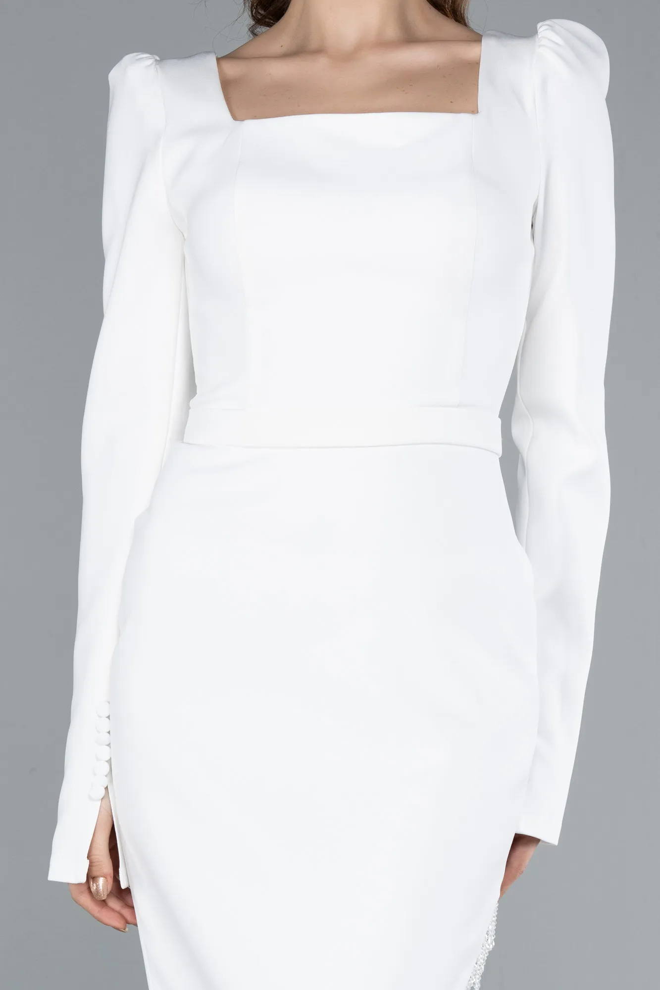 Ecru-Long Sleeve Square Neck Midi Cocktail Dress ABK2272