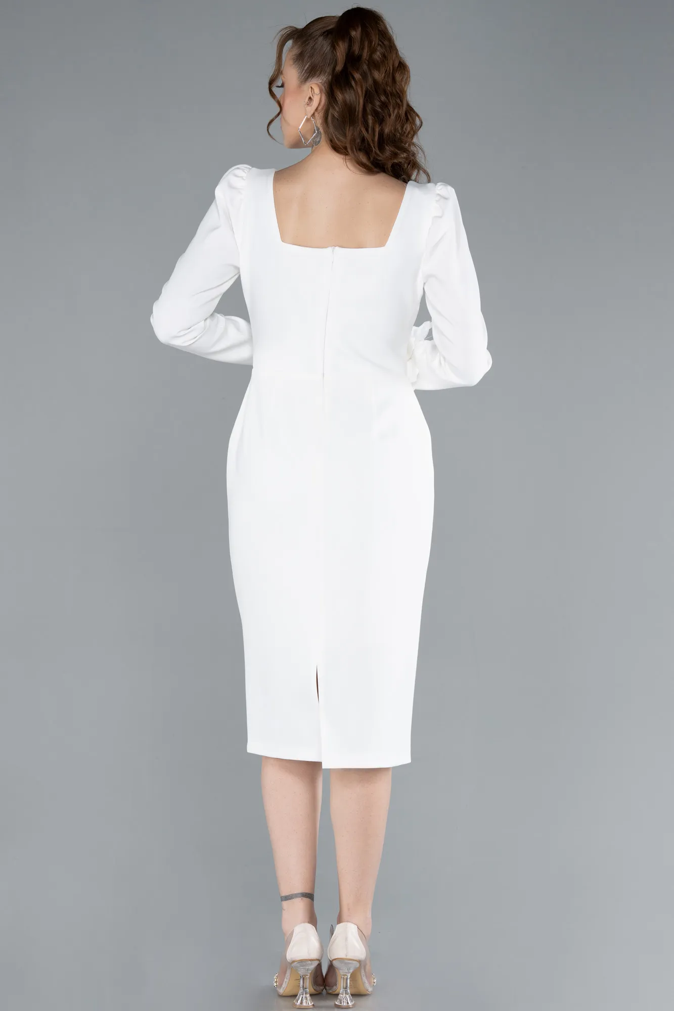 Ecru-Long Sleeve Square Neck Midi Invitation Dress ABK2271