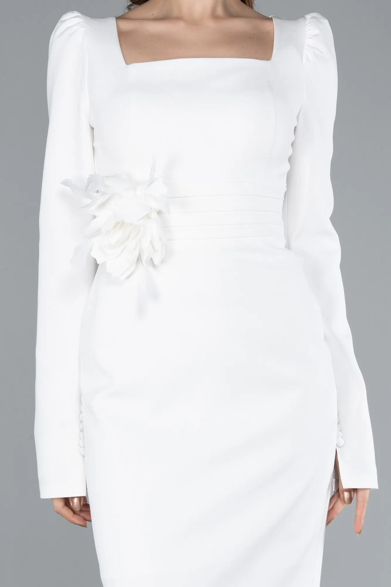 Ecru-Long Sleeve Square Neck Midi Invitation Dress ABK2271
