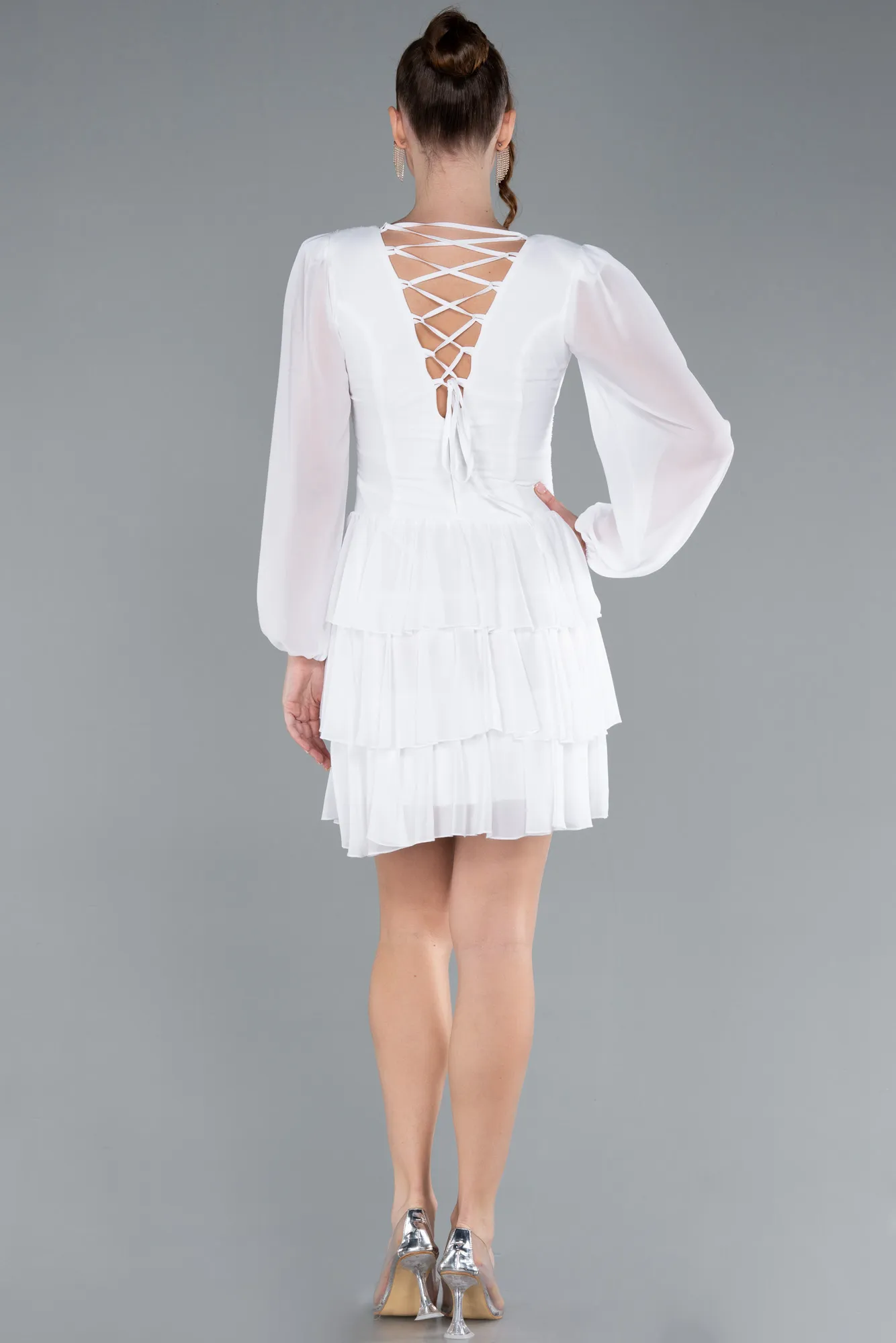 Ecru-Long Sleeve V Neck Chiffon Short Cocktail Dress ABK2281