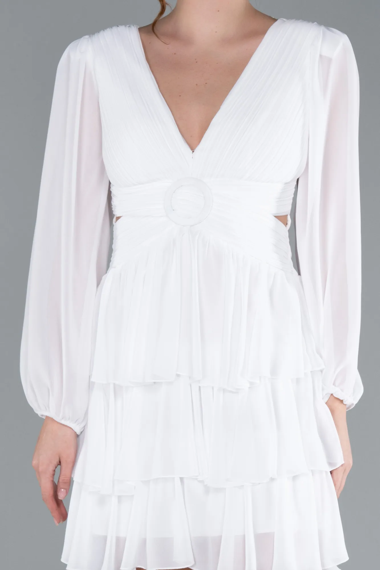 Ecru-Long Sleeve V Neck Chiffon Short Cocktail Dress ABK2281