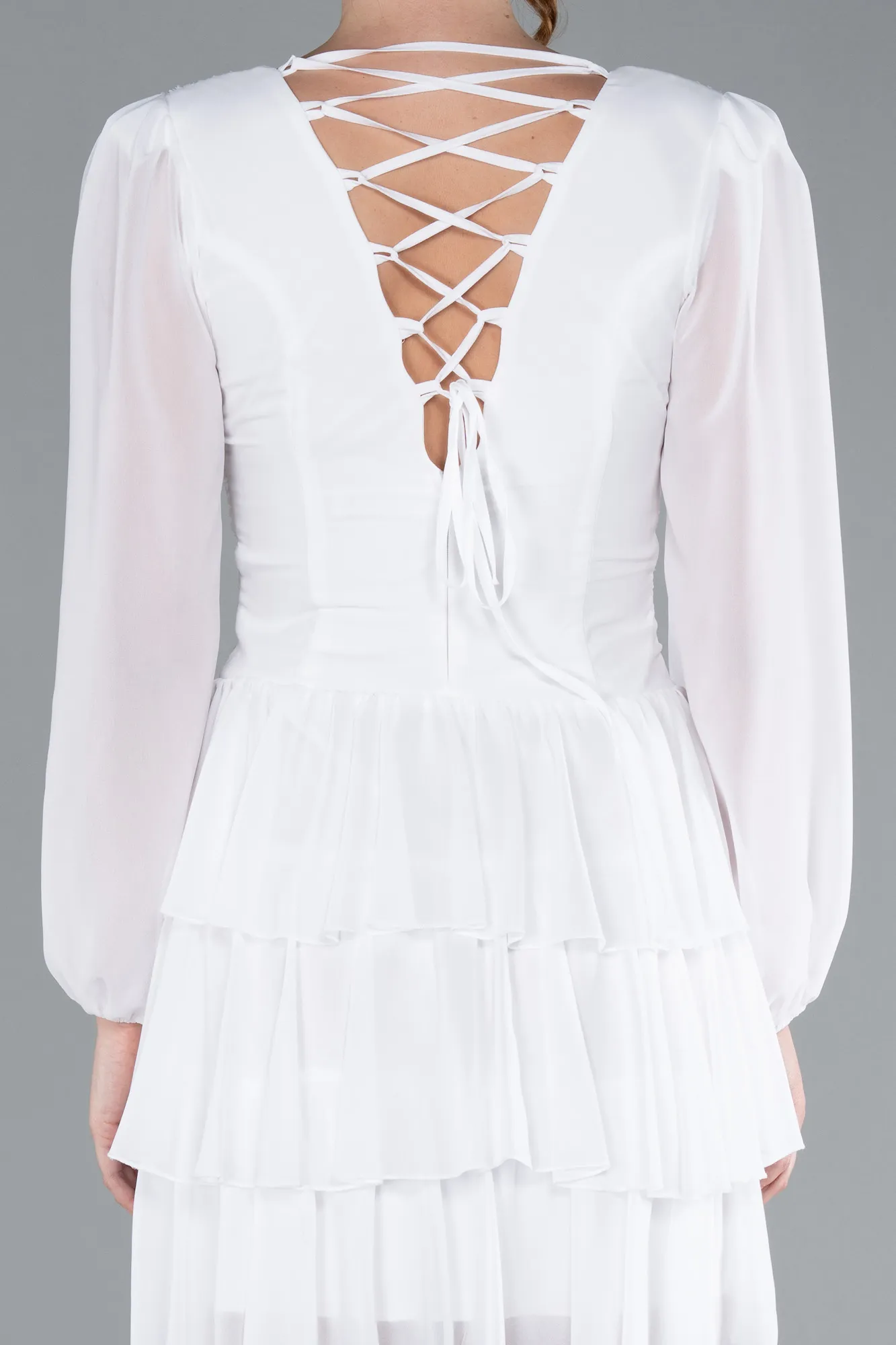 Ecru-Long Sleeve V Neck Chiffon Short Cocktail Dress ABK2281